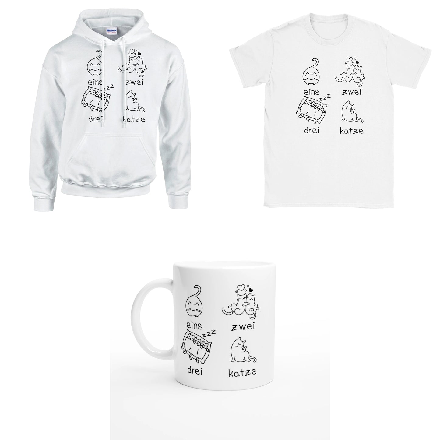 Bundle - eins zwei drei katze zzz - T-Shirt, Hoodie & Tasse