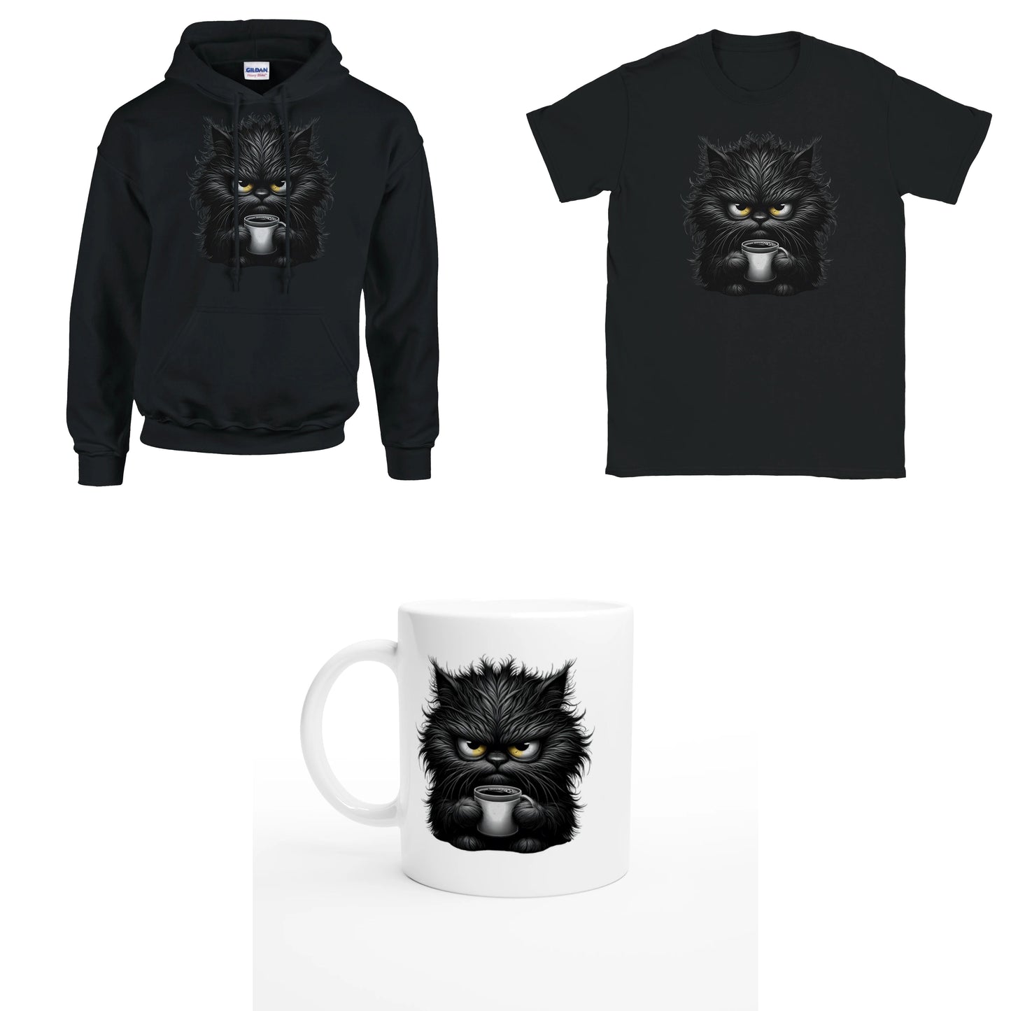 Bundle - Grantige Katze mit Kaffee - T-Shirt, Hoodie & Tasse
