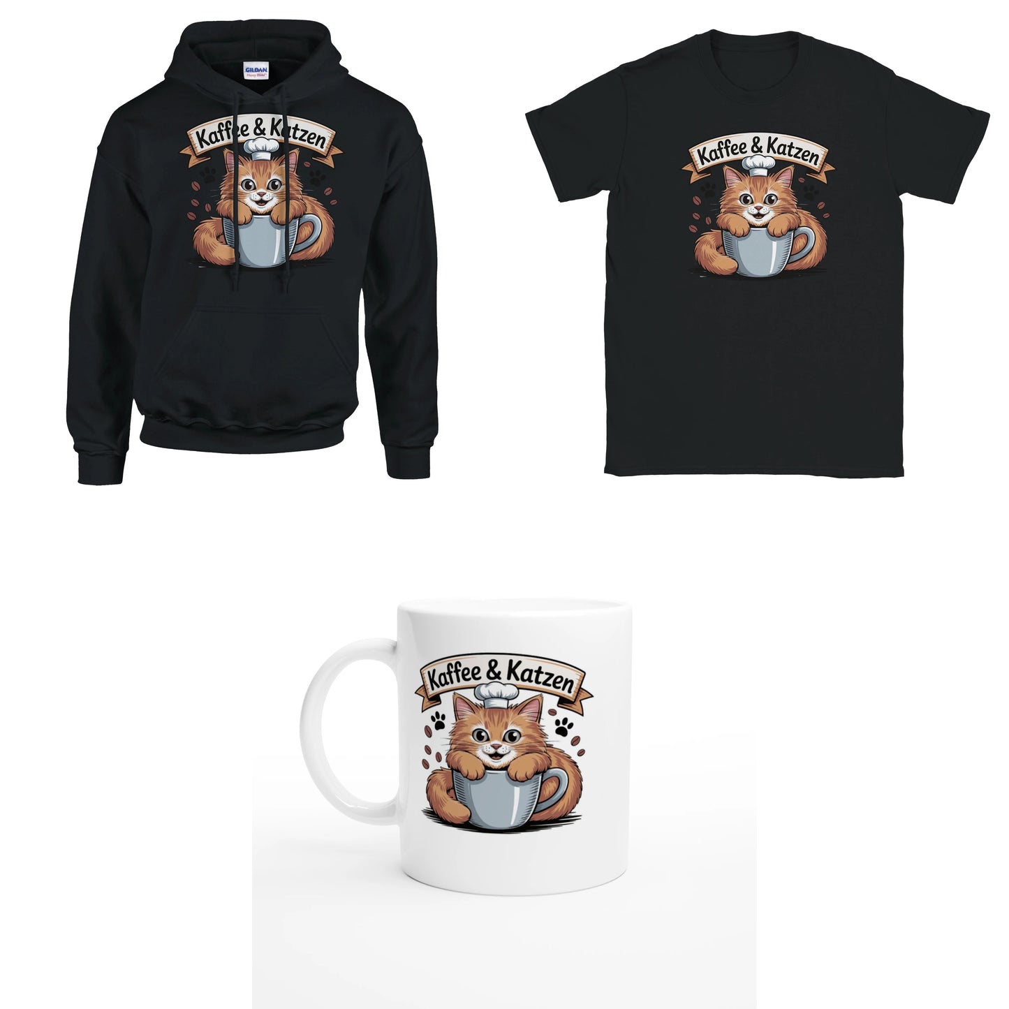 Bundle - Kaffee und Katzen - T-Shirt, Hoodie & Tasse