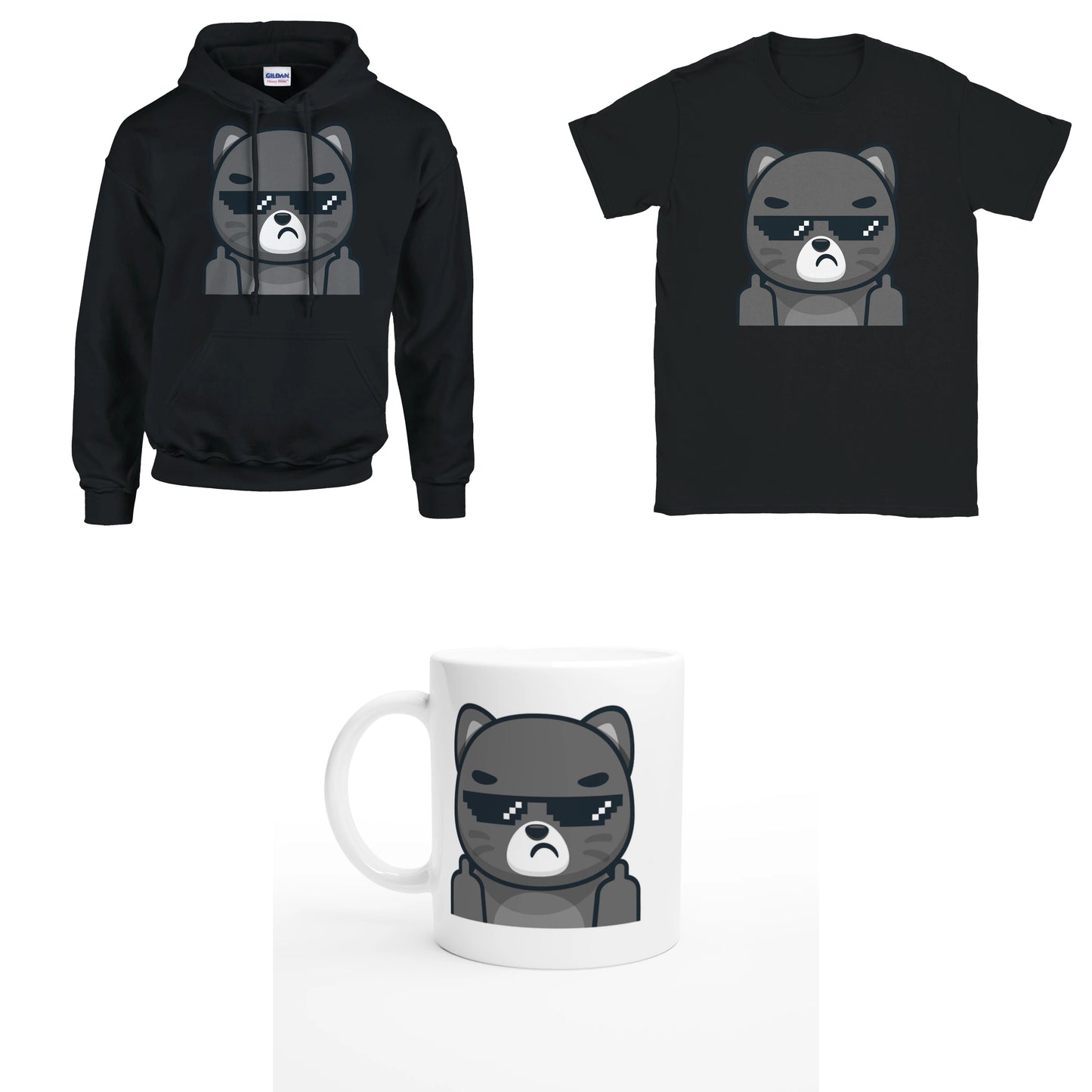 Bundle - Schwarze Katze mit Brille Mittelfinger - T-Shirt, Hoodie & Tasse