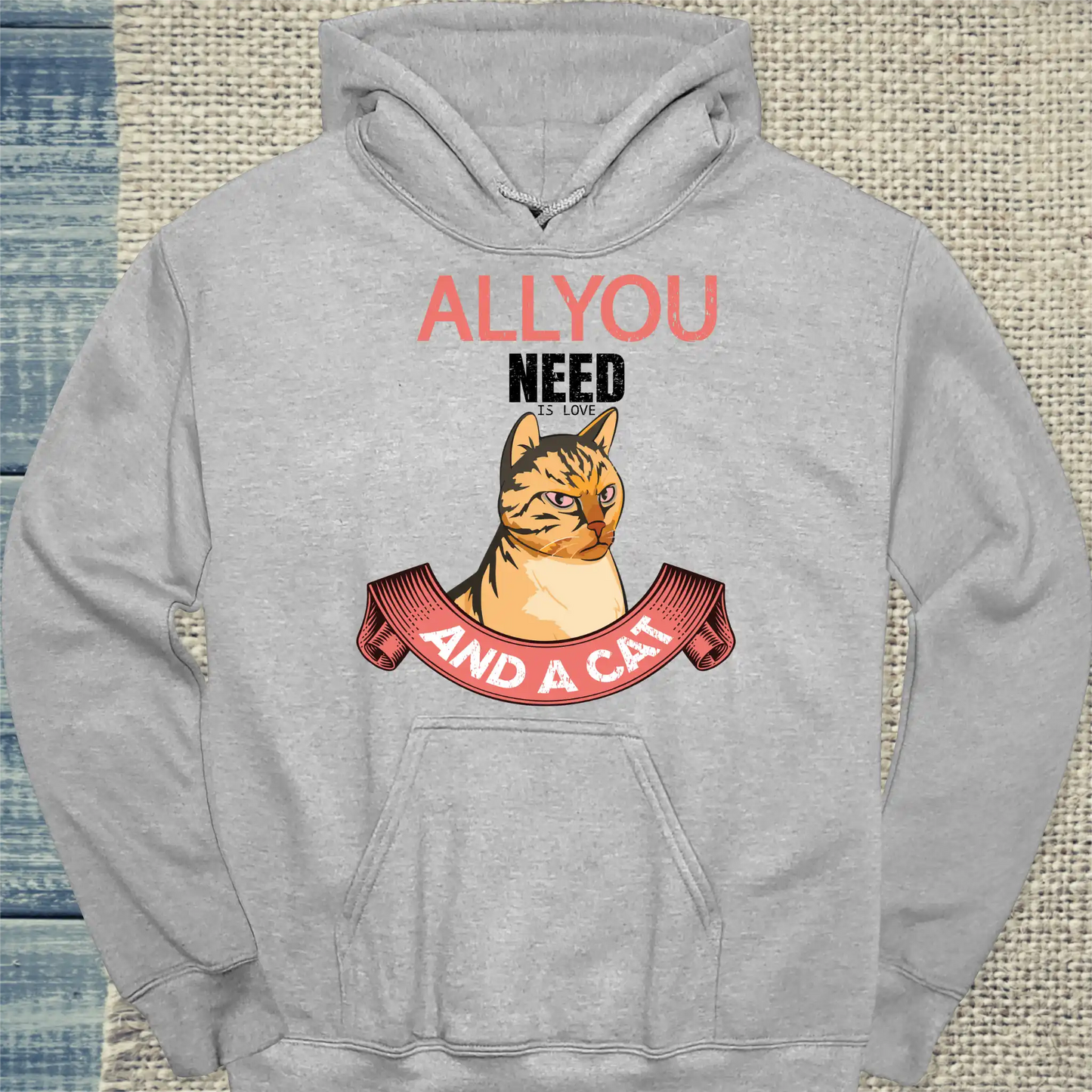 Hoodie - All you need is love and a cat - Unisex - Katze Grau