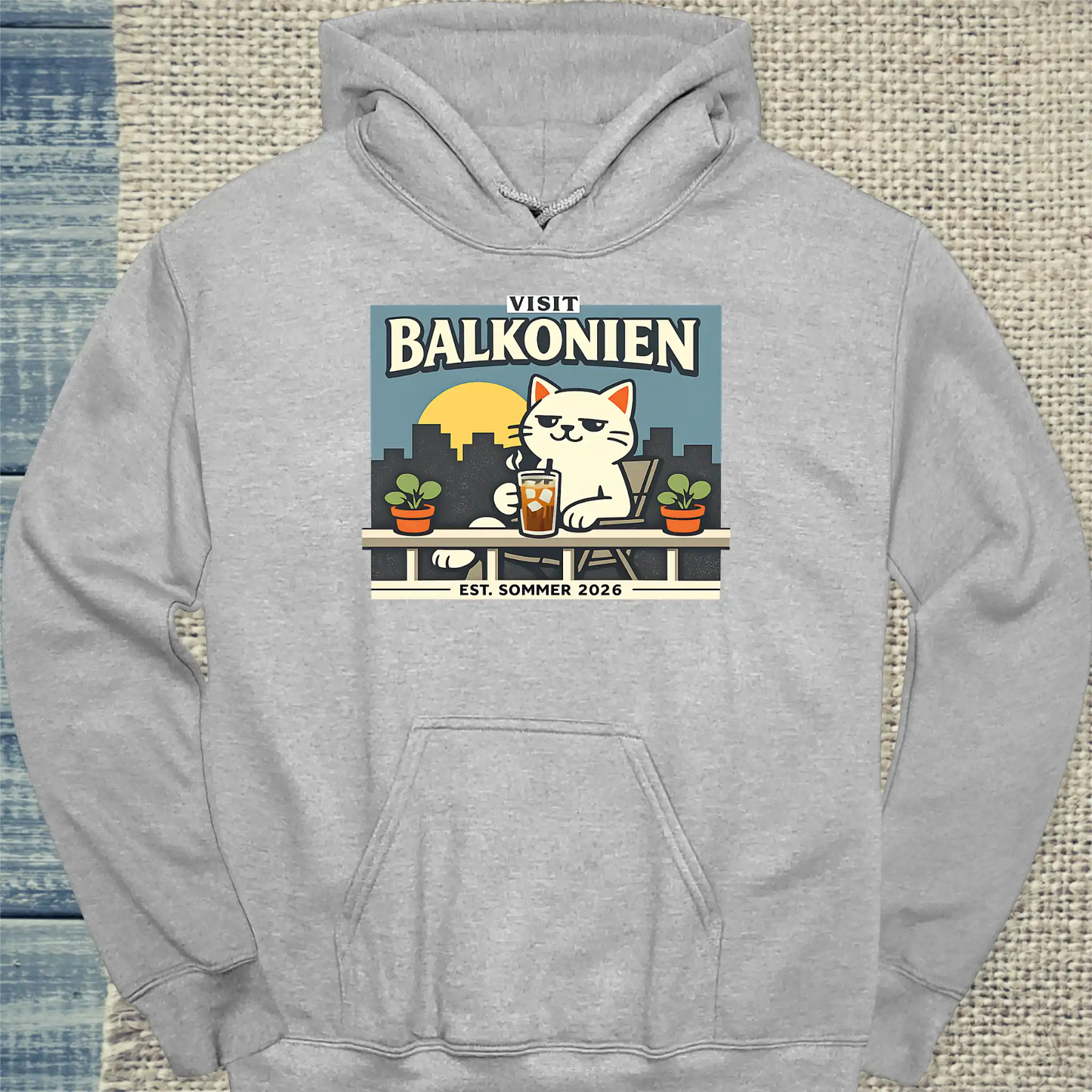 Hoodie - Balkonien - Unisex - Katze & Kaffee, Sommer Grau