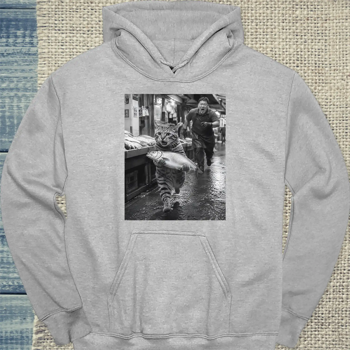 Hoodie - Fischdieb - Unisex - Katze Grau