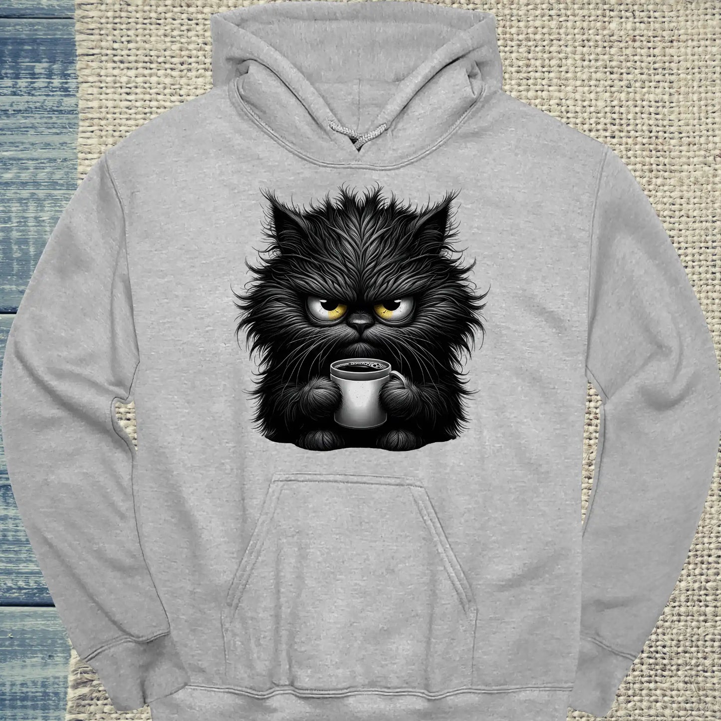 Hoodie - Grantige Katze mit Kaffee - Unisex - Katze & Kaffee Grau