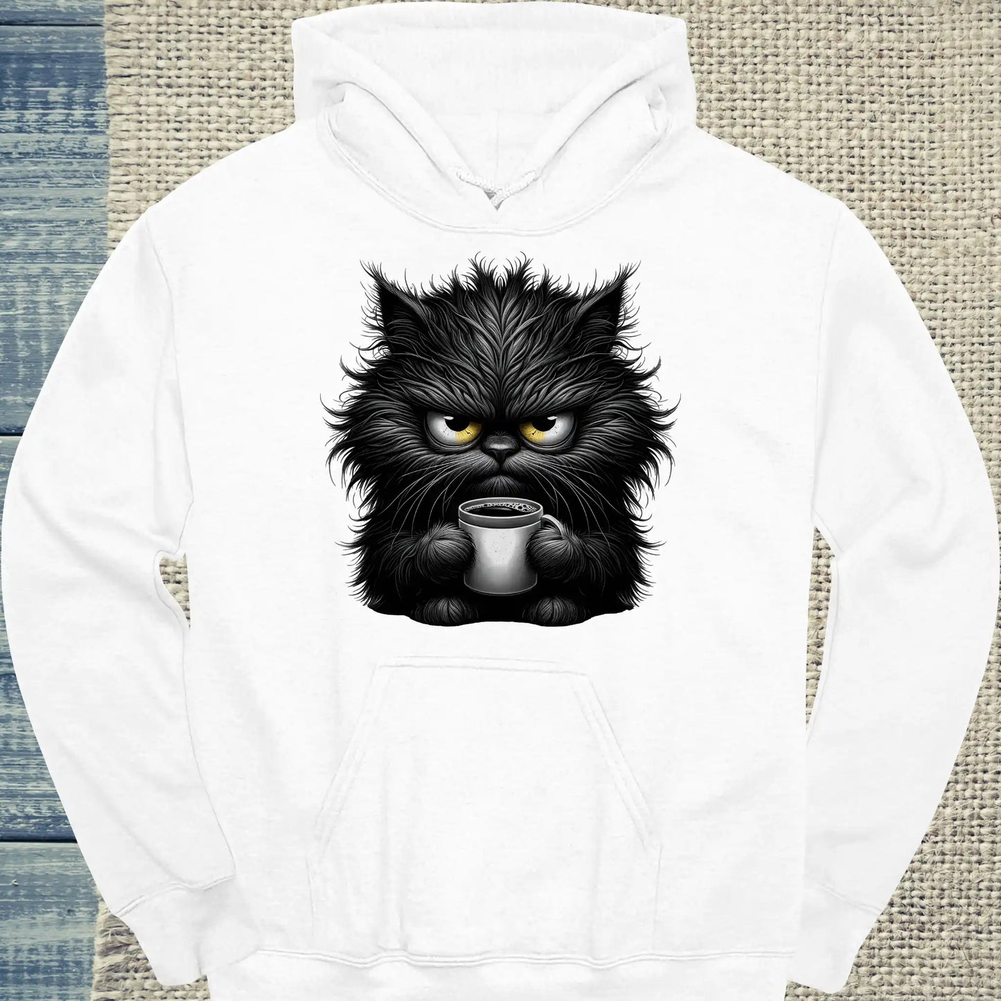 Hoodie - Grantige Katze mit Kaffee - Unisex - Katze & Kaffee Weiß