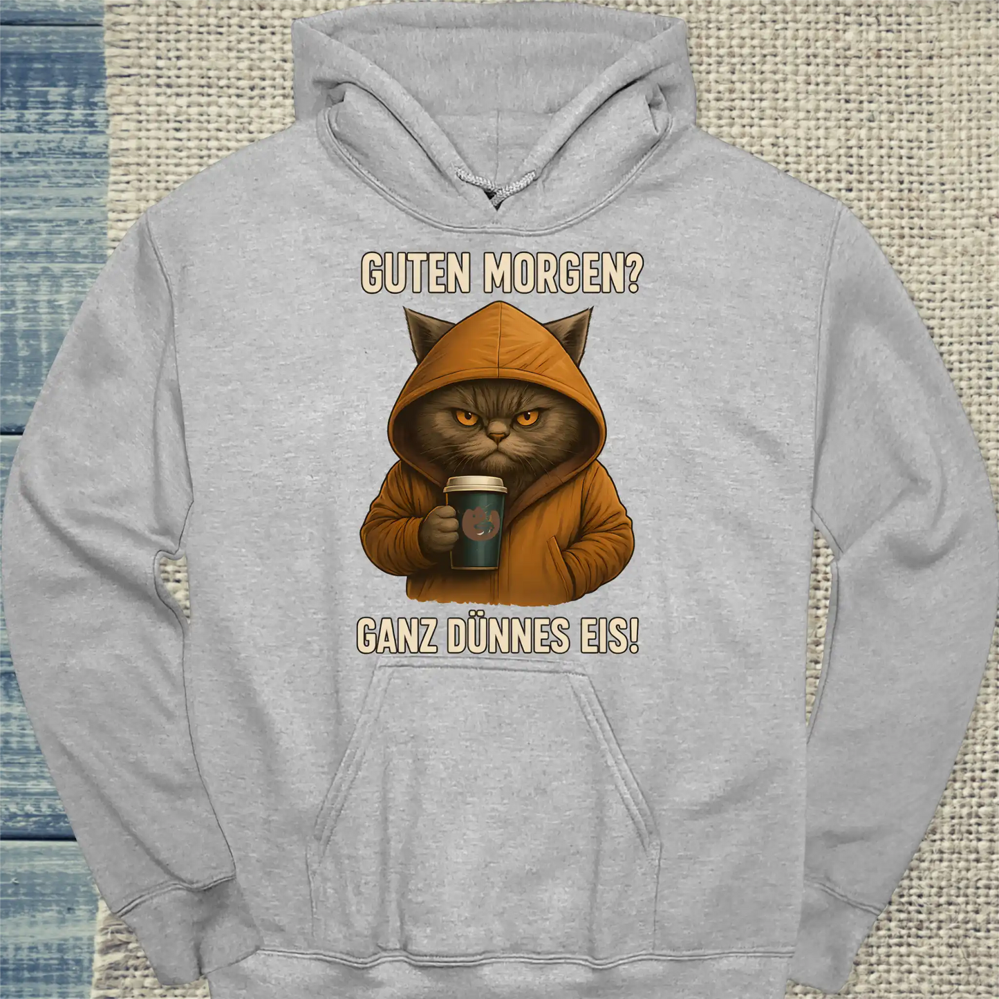 Hoodie - Guten Morgen? Ganz dünnes Eis! - Unisex - Katze, Kaffee Grau
