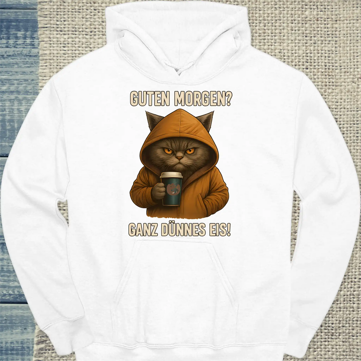 Hoodie - Guten Morgen? Ganz dünnes Eis! - Unisex - Katze, Kaffee Weiß