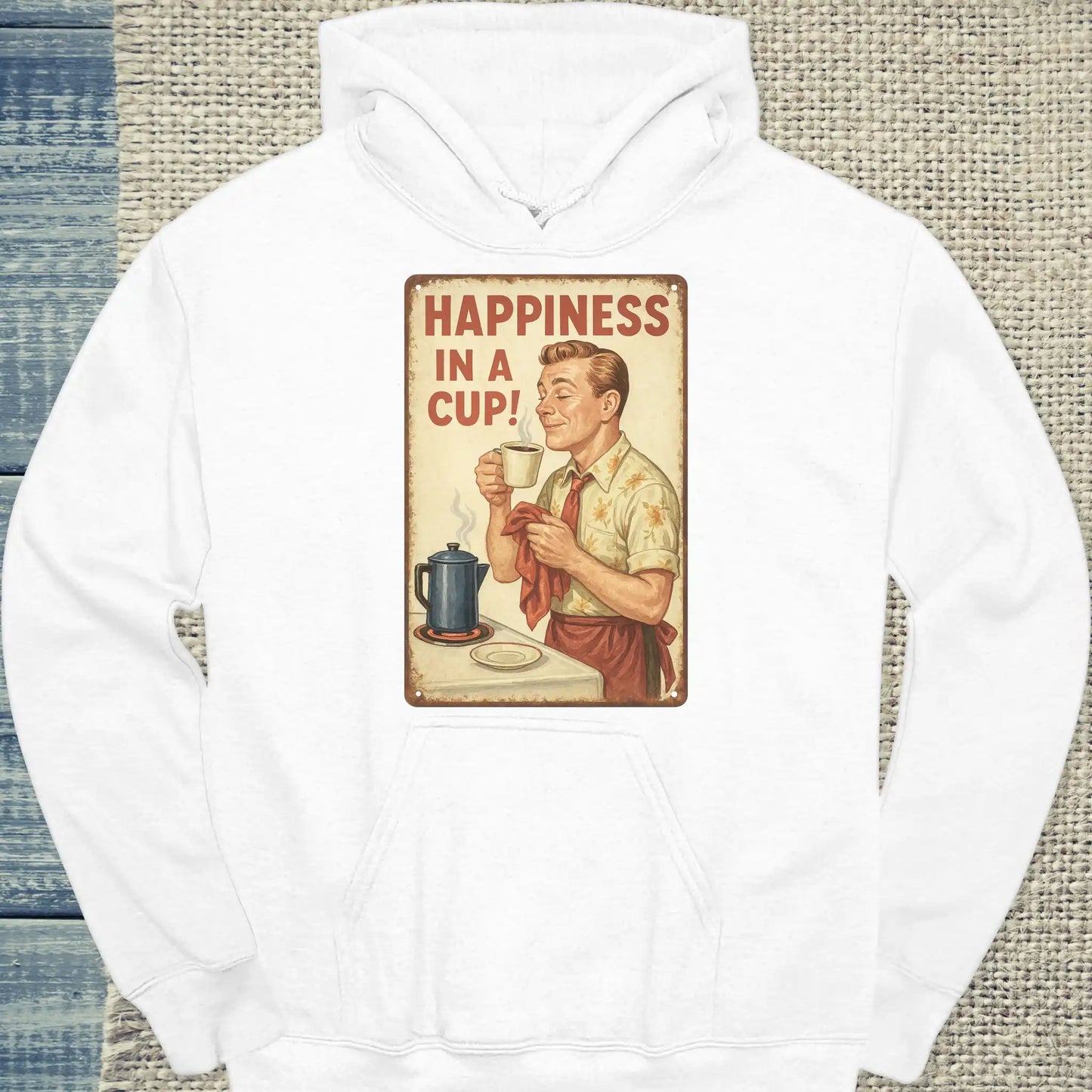 Hoodie - Happiness in a Cup - Unisex - Kaffee, Retro Weiß