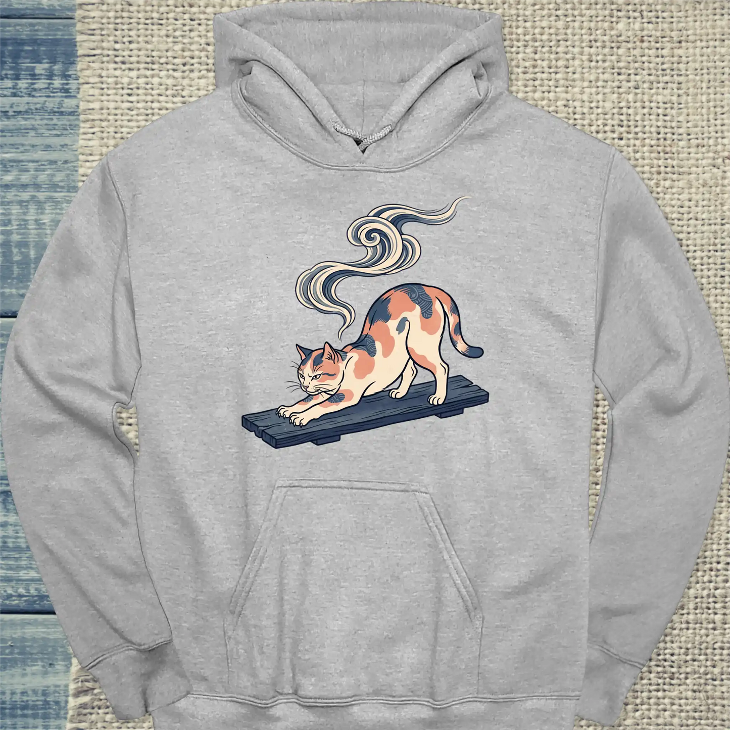 Hoodie - Hokusai at Dawn - Unisex - Katze & Kaffee, Kunst Grau