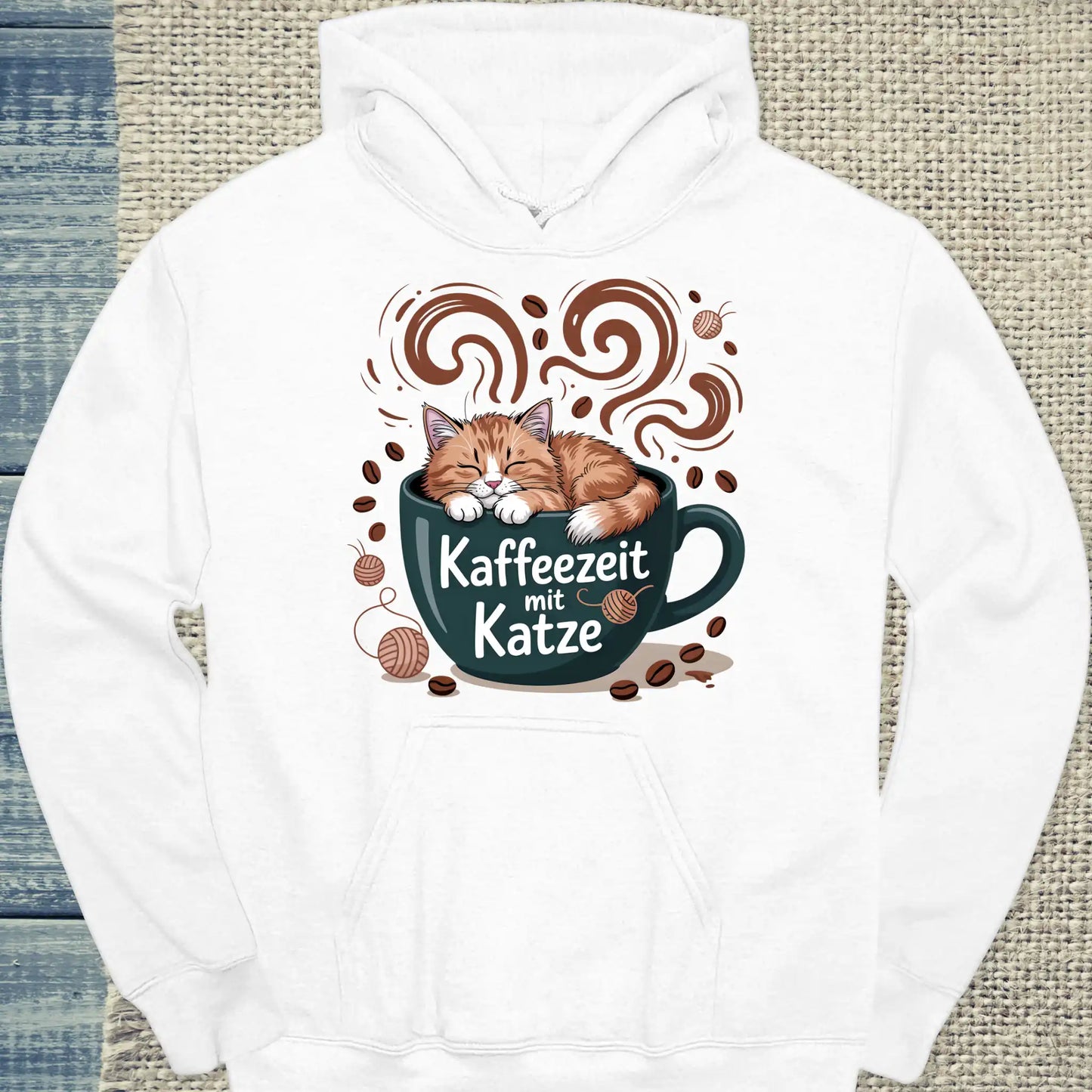 Hoodie - Kaffeezeit mit Katze - Unisex - Katze & Kaffee Weiß