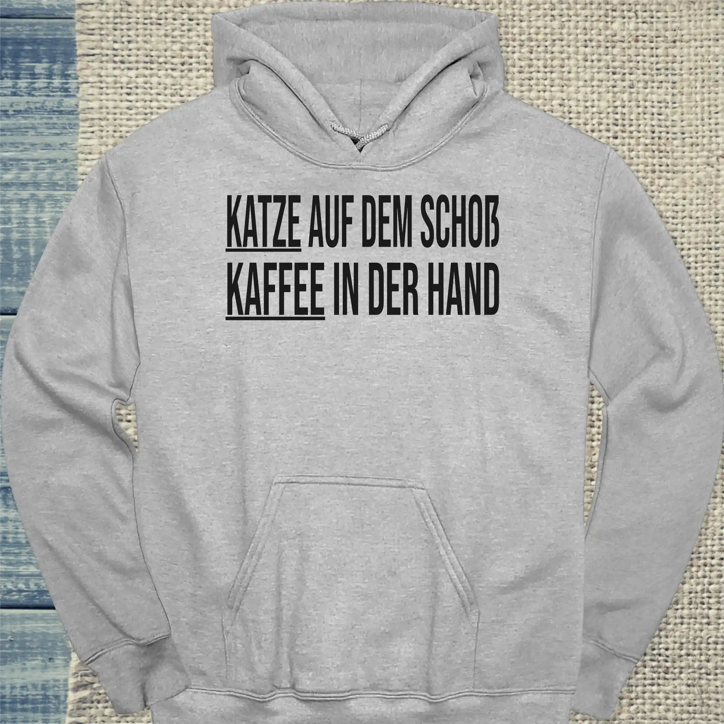 Hoodie - Katze auf dem Schoß. Kaffee in der Hand. - Unisex - Katze & Kaffee Grau