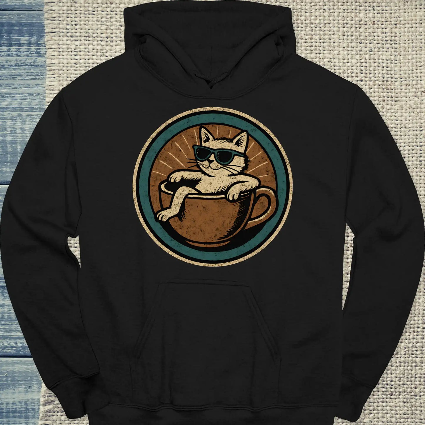 Hoodie - Katze in Tasse - Rund - Unisex - Katze & Kaffee Schwarz