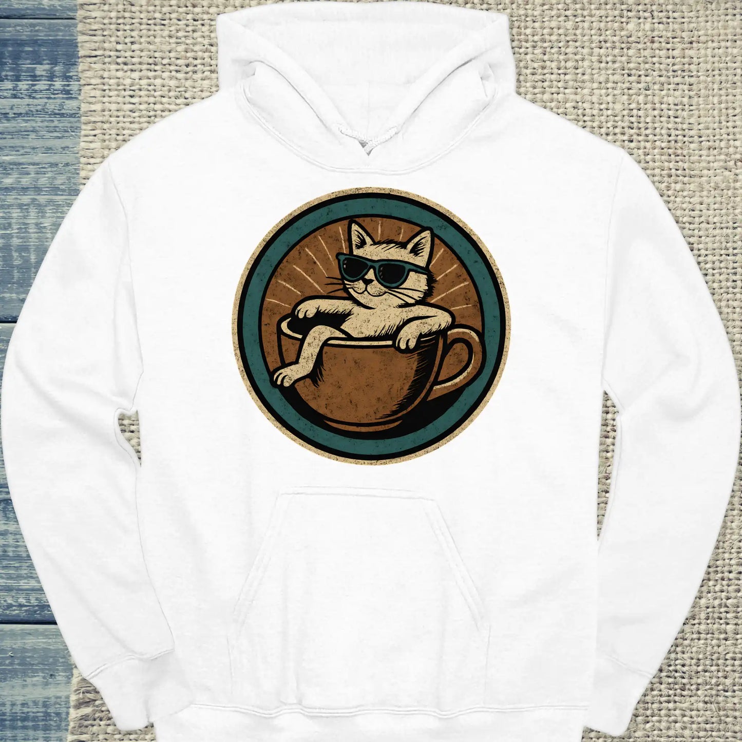 Hoodie - Katze in Tasse - Rund - Unisex - Katze & Kaffee Weiß