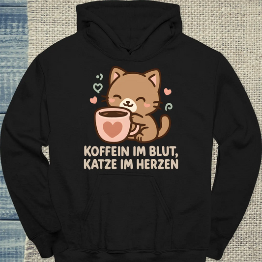 Hoodie - Koffein im Blut, Katze im Herzen - Unisex - Katze & Kaffee Schwarz
