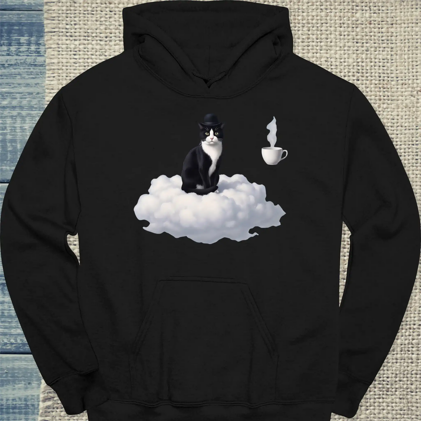 Hoodie - Magritte Surreal Cat - Unisex - Katze & Kaffee Schwarz