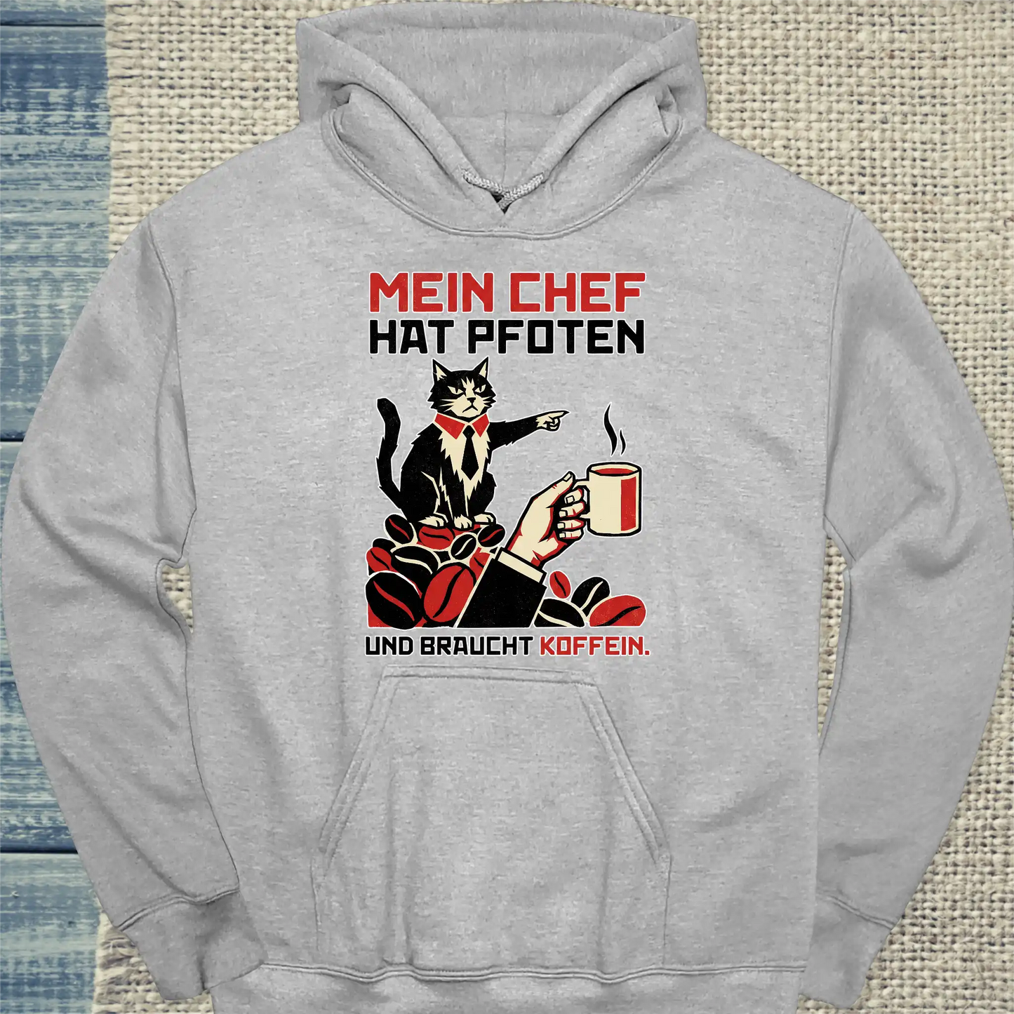 Hoodie - Mein Chef - Unisex - Katze & Kaffee Grau