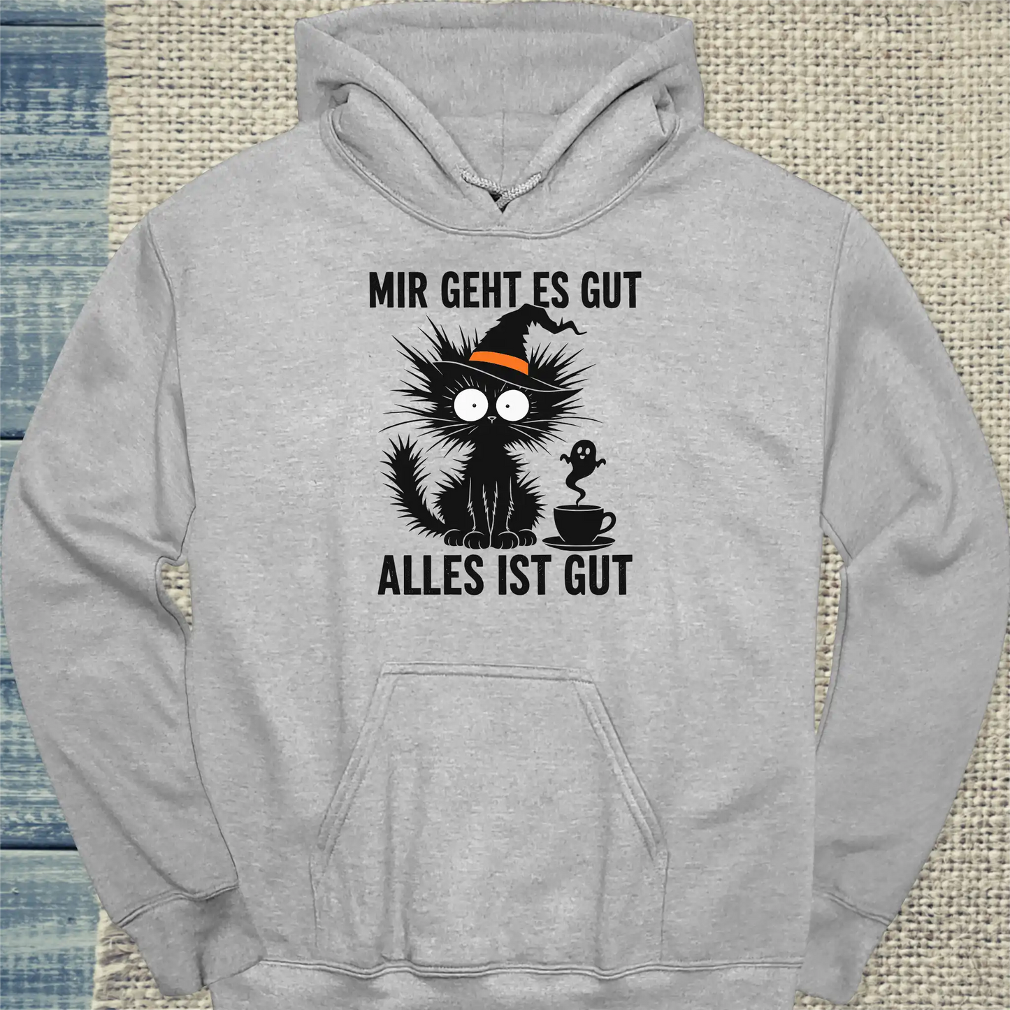 Hoodie - Mir geht es gut Halloween - Unisex - Katze, Halloween Grau