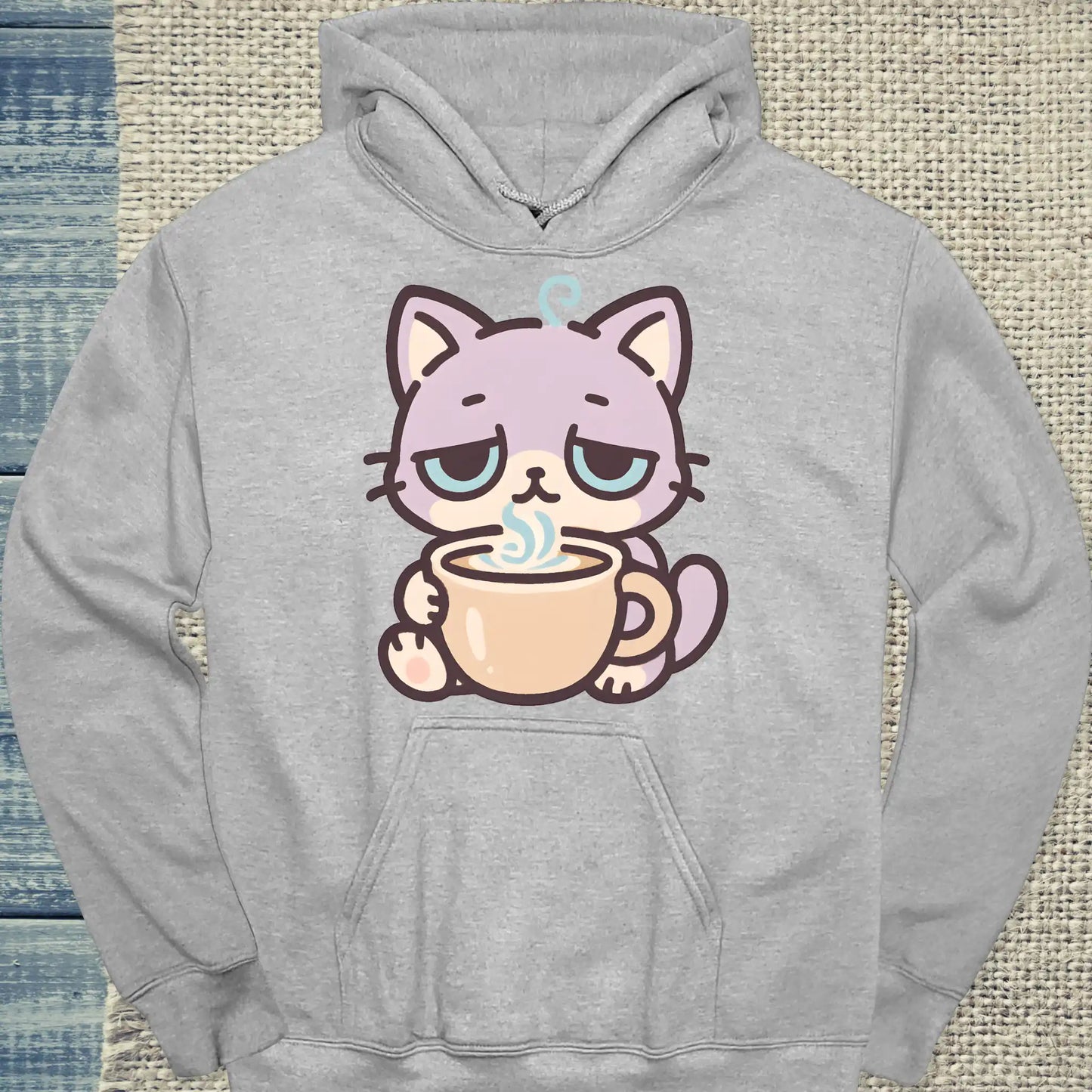Hoodie - Müde Katze mit Kaffee - Unisex - Katze & Kaffee Grau