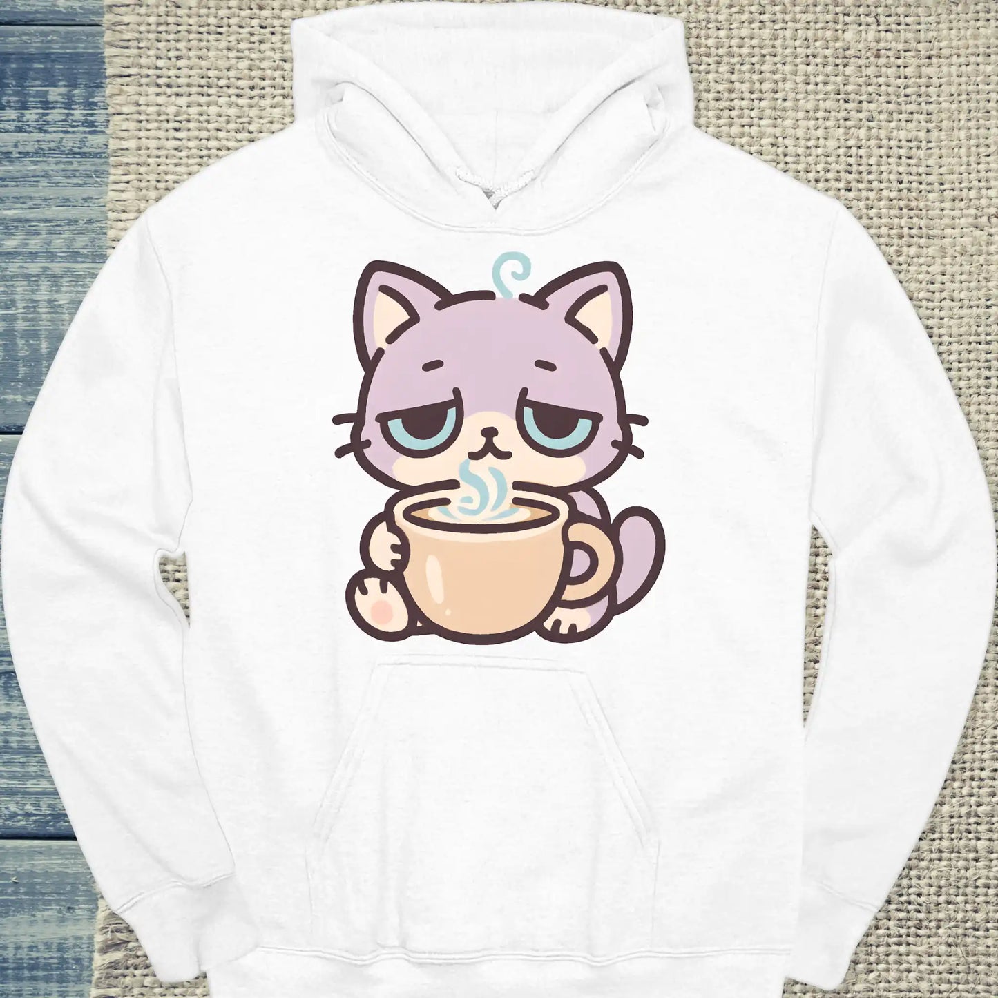Hoodie - Müde Katze mit Kaffee - Unisex - Katze & Kaffee Weiß