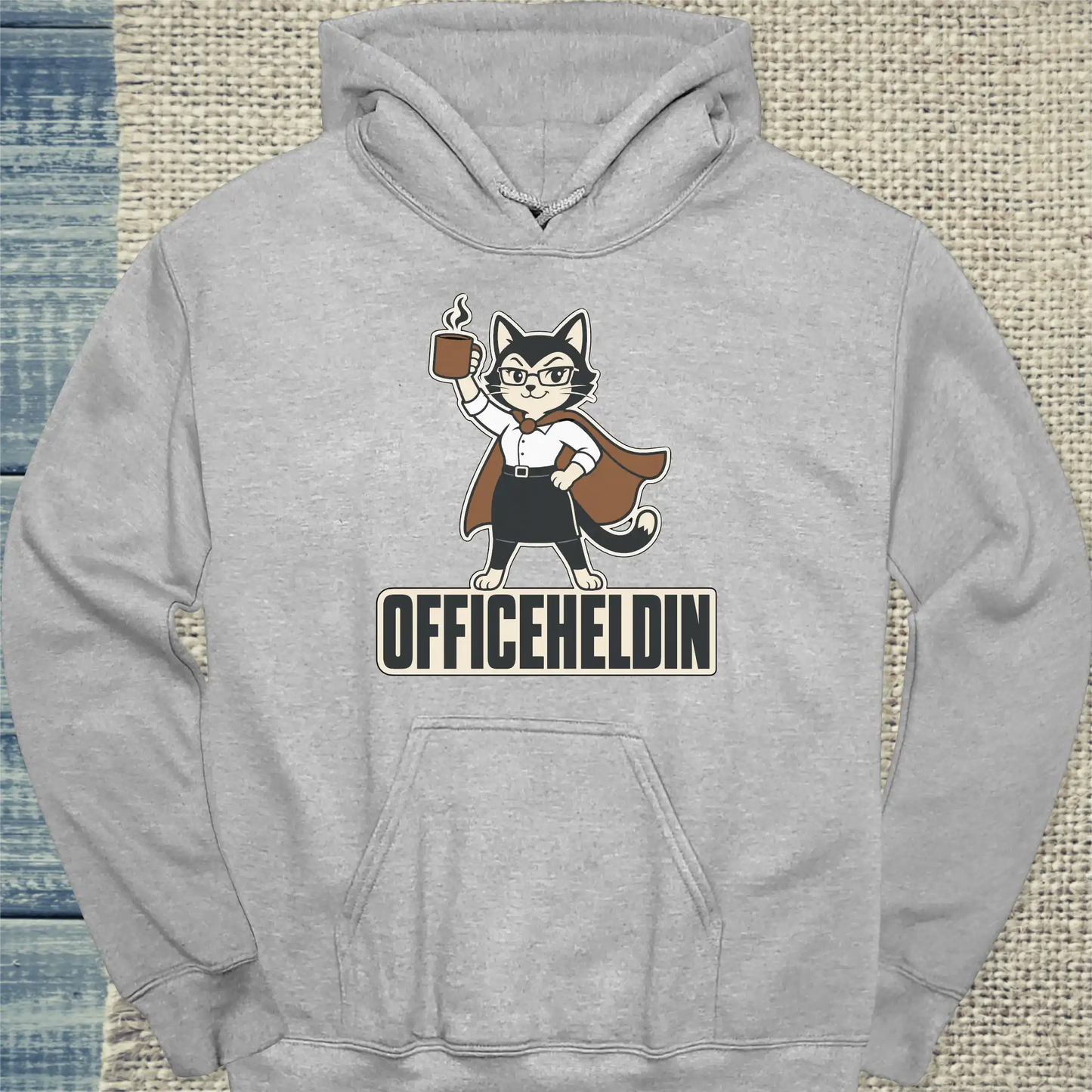 Hoodie - Officeheldin - Unisex - Katze & Kaffee Grau