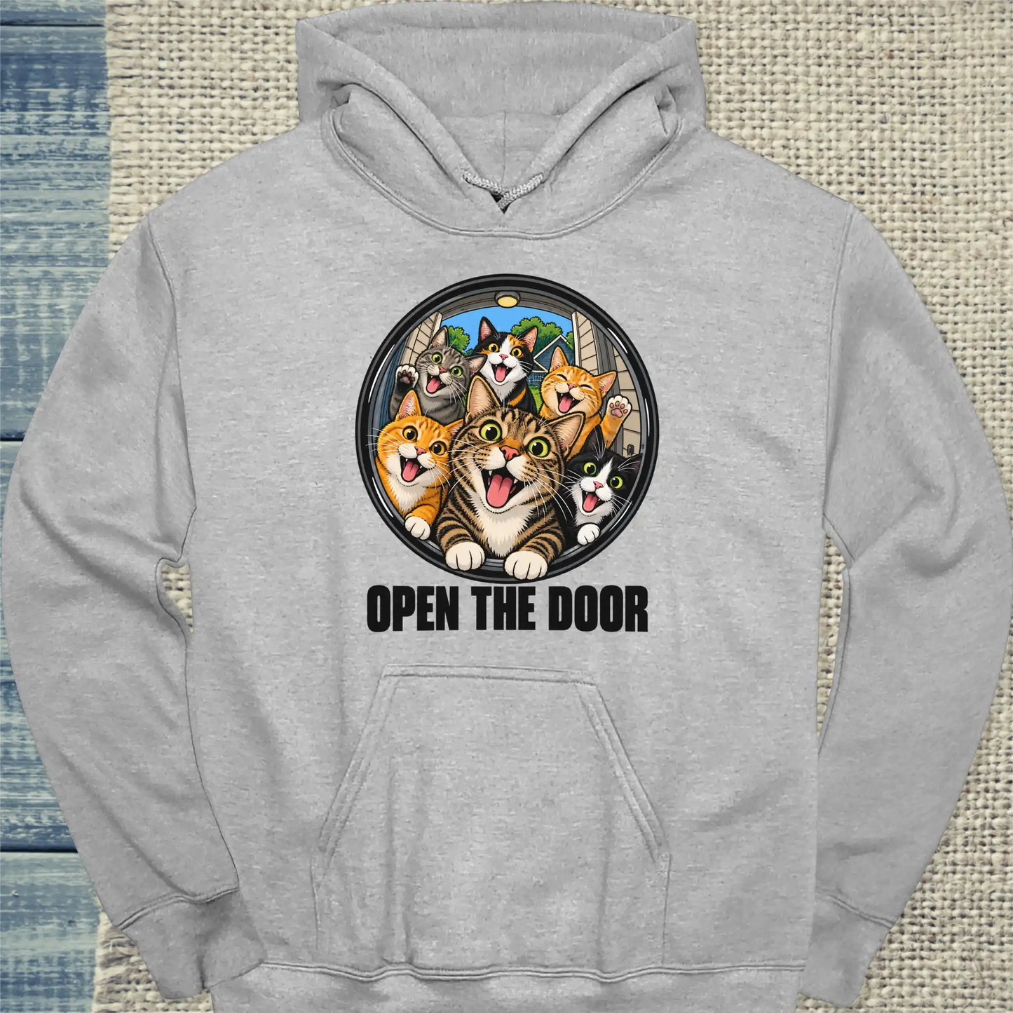 Hoodie - Open the Door - Unisex - Katze Grau