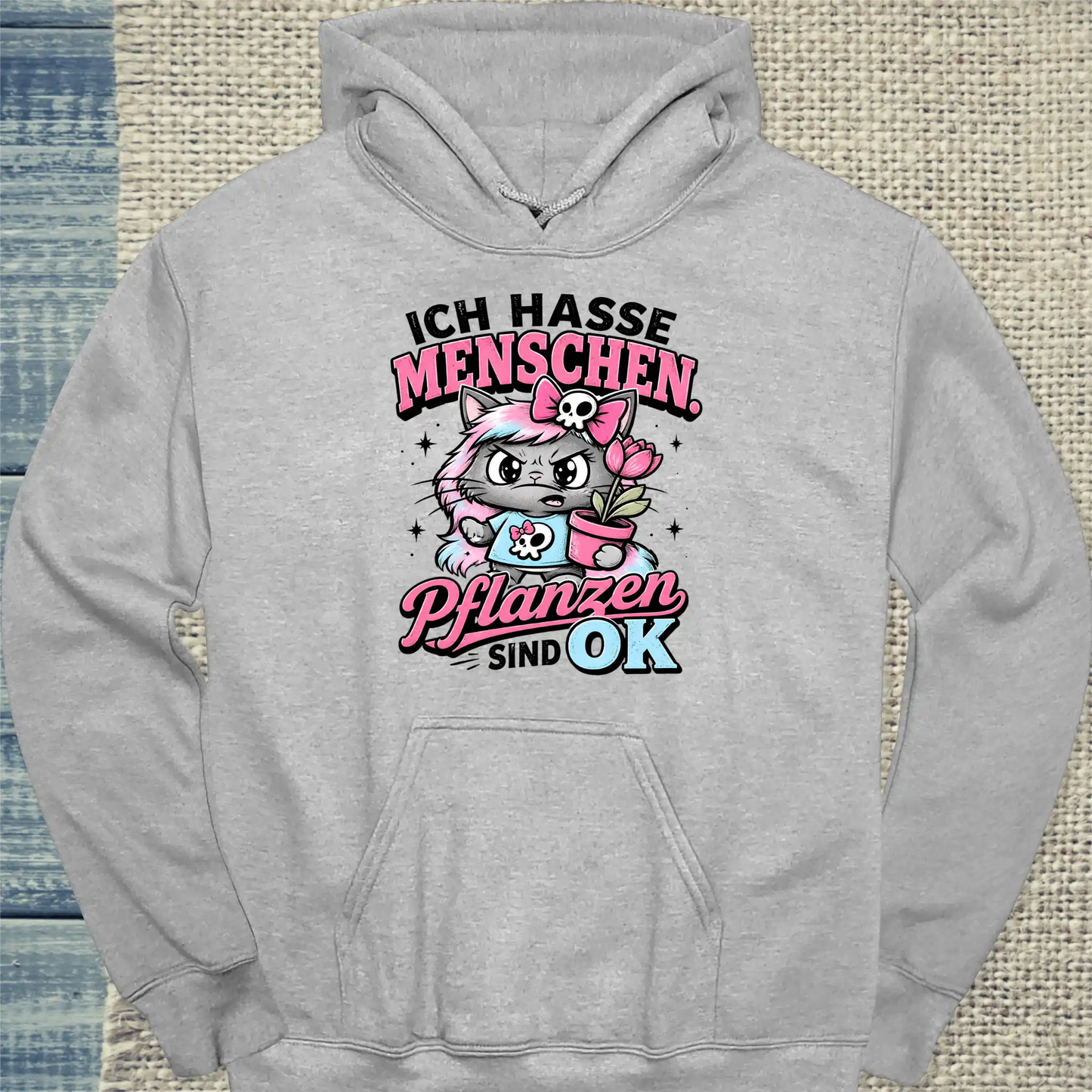 Hoodie - Pflanzen sind OK - Unisex - Katze Grau
