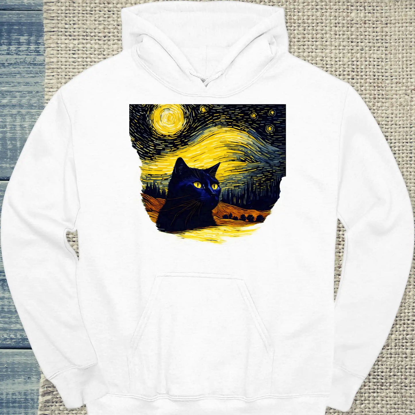 Hoodie - Schwarze Katze im Abendhimmel - Unisex - Katze Weiß