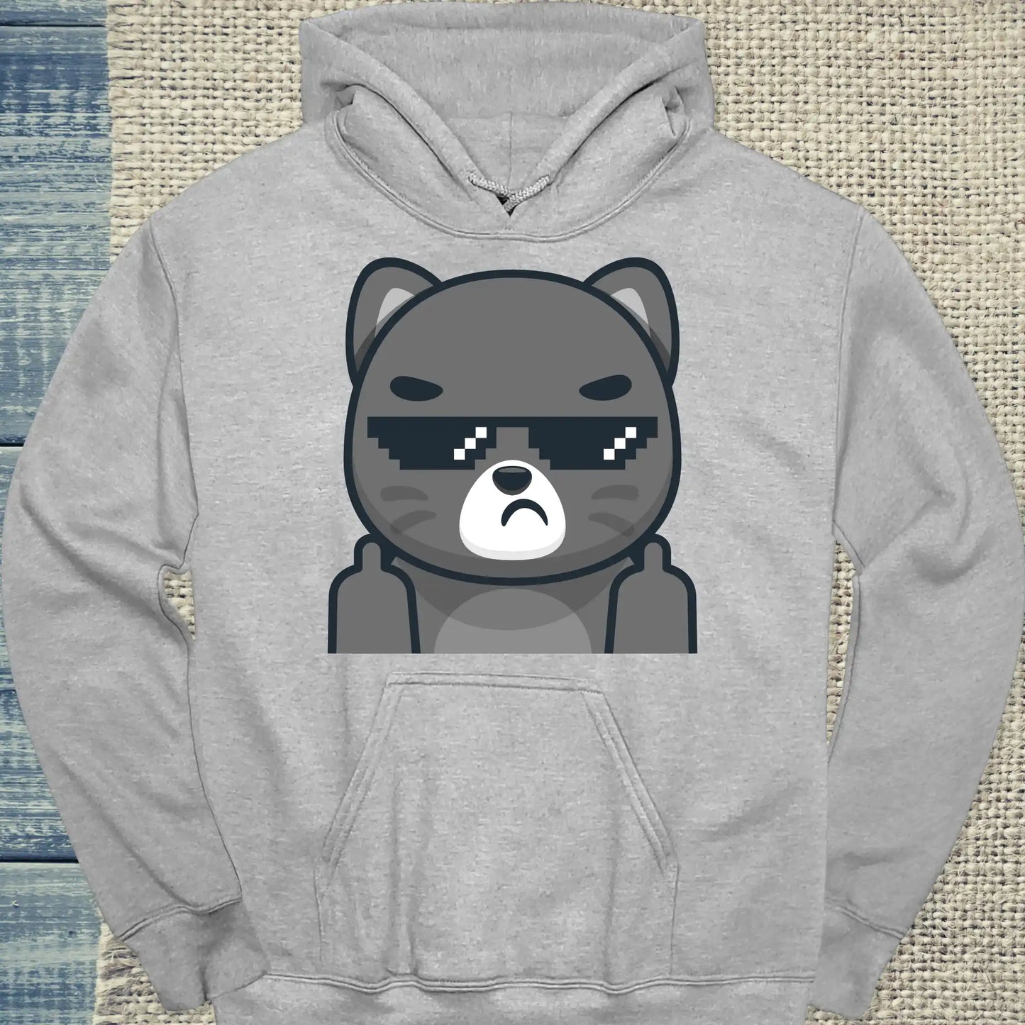 Hoodie - Schwarze Katze mit Brille Mittelfinger - Unisex - Katze Grau