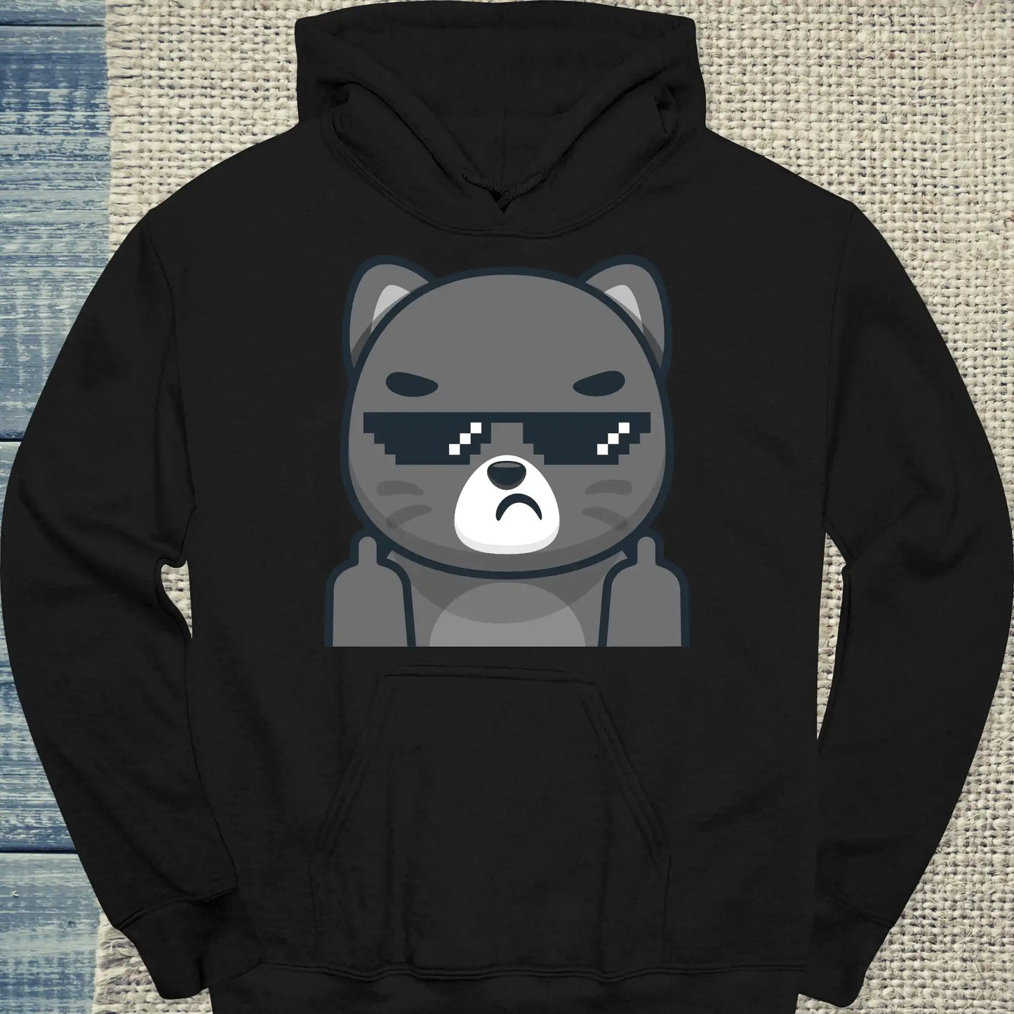 Hoodie - Schwarze Katze mit Brille Mittelfinger - Unisex - Katze Schwarz
