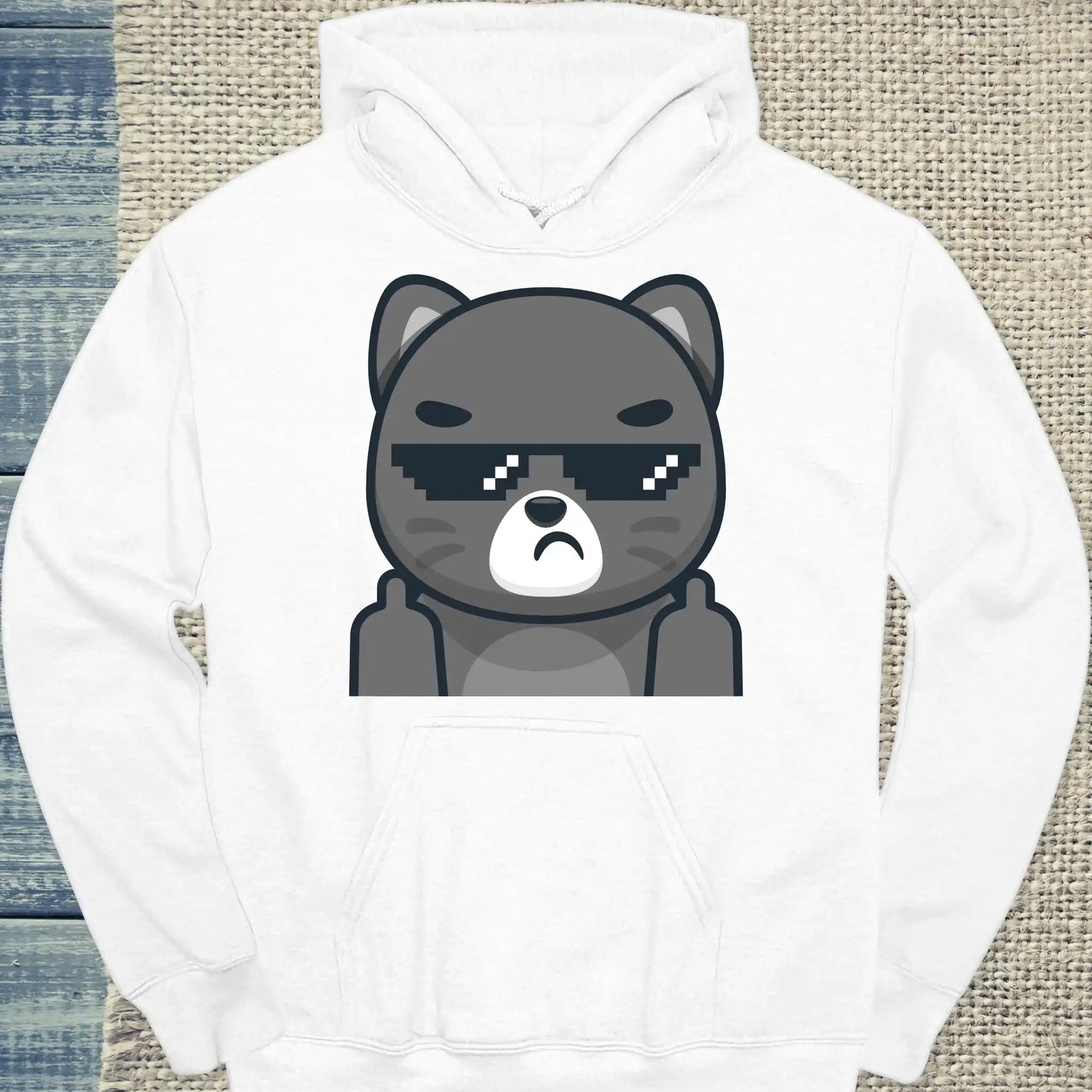 Hoodie - Schwarze Katze mit Brille Mittelfinger - Unisex - Katze Weiß