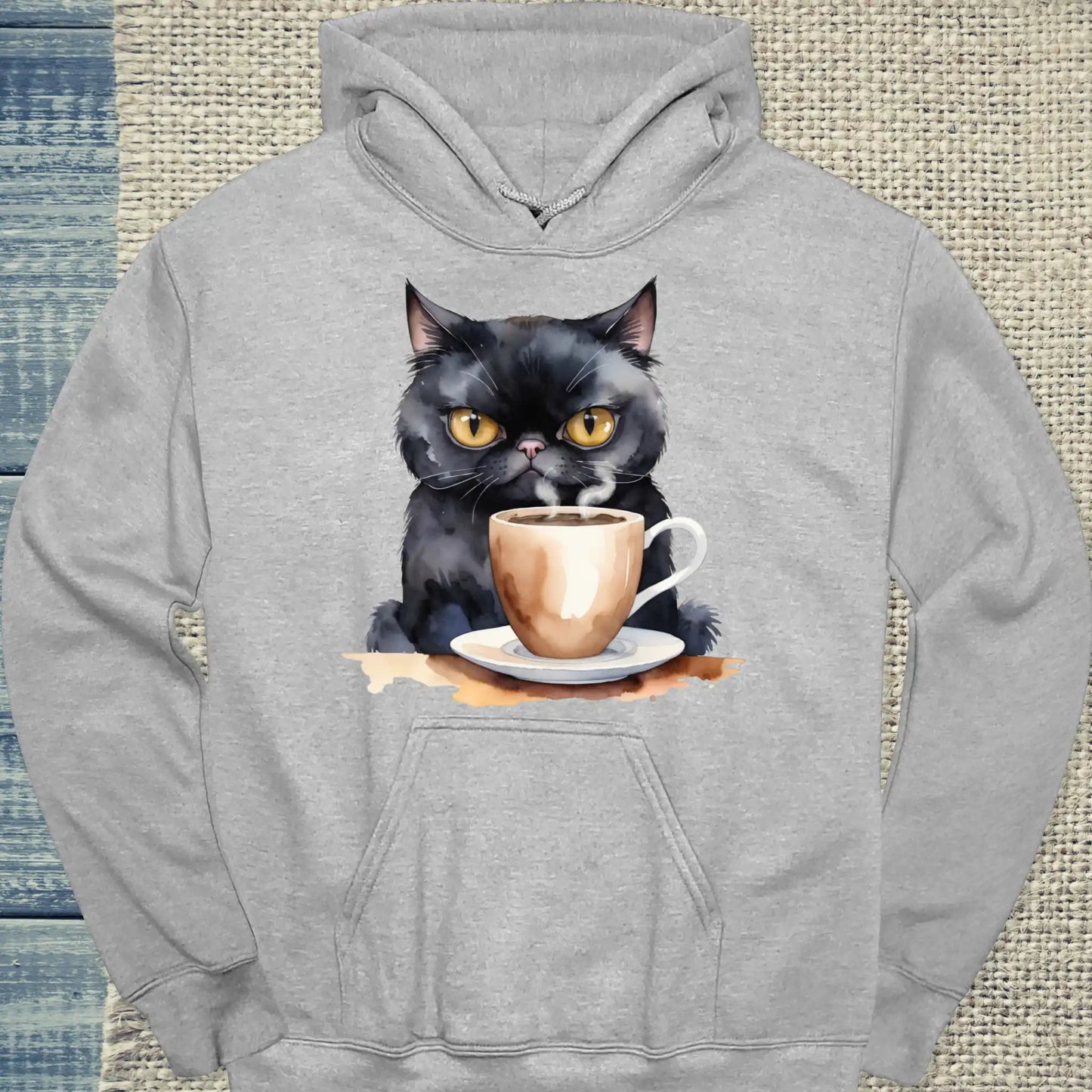 Hoodie - Schwarze Katze mit Kaffee - Unisex - Katze & Kaffee Grau