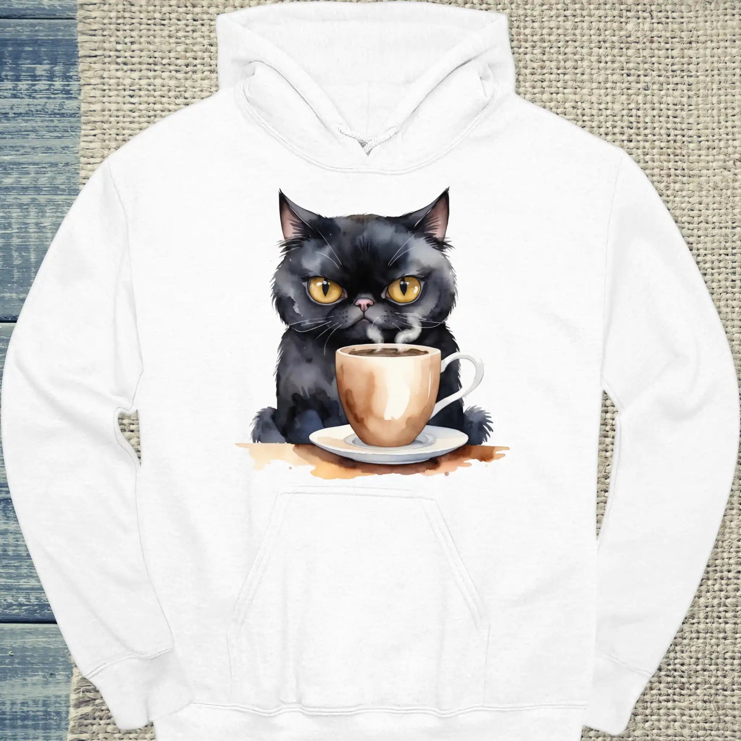 Hoodie - Schwarze Katze mit Kaffee - Unisex - Katze & Kaffee Weiß