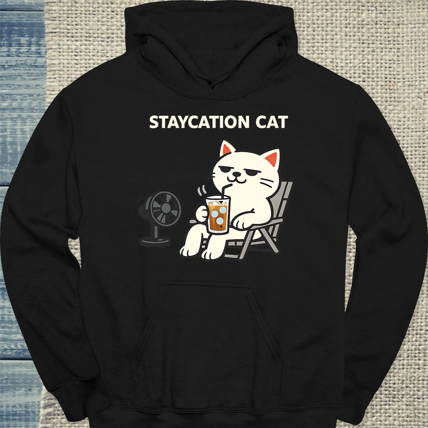 Hoodie - STAYCATION CAT - Unisex - Katze & Kaffee, Sommer Schwarz