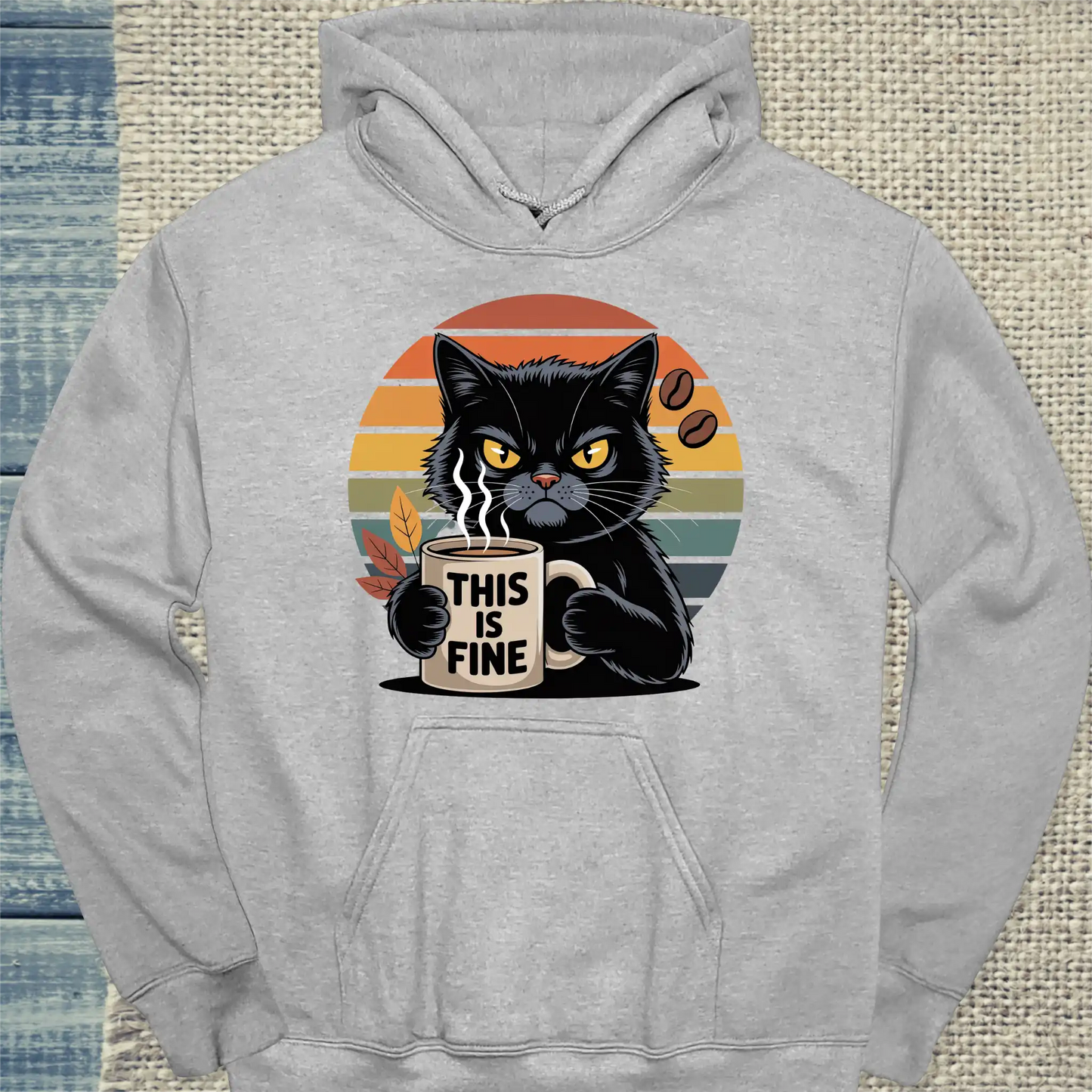 Hoodie - This is Fine - Unisex - Katze & Kaffee Grau
