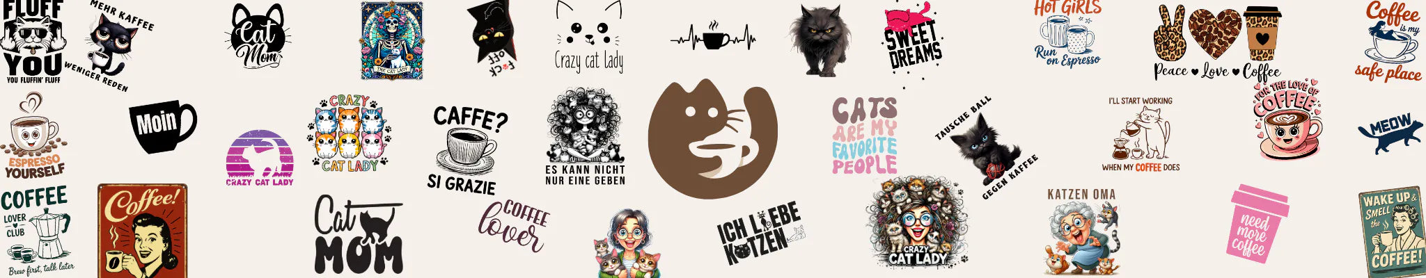 Eine Collage aus verschiedenen Illustrationen, Zitaten und Grafiken zum Thema Katze und Kaffee auf hellem Hintergrund. Die KaffeeMiau Produkte.