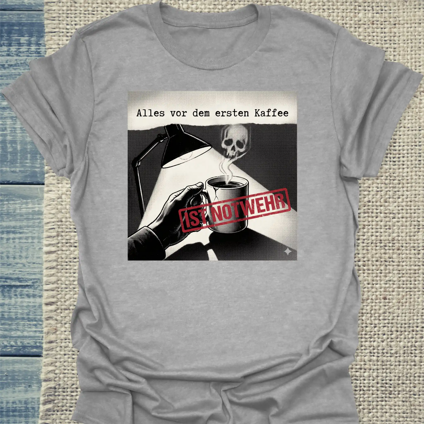 T-Shirt - Alles vor dem ersten Kaffee ist Notwehr - Unisex - Katze, Kaffee Grau