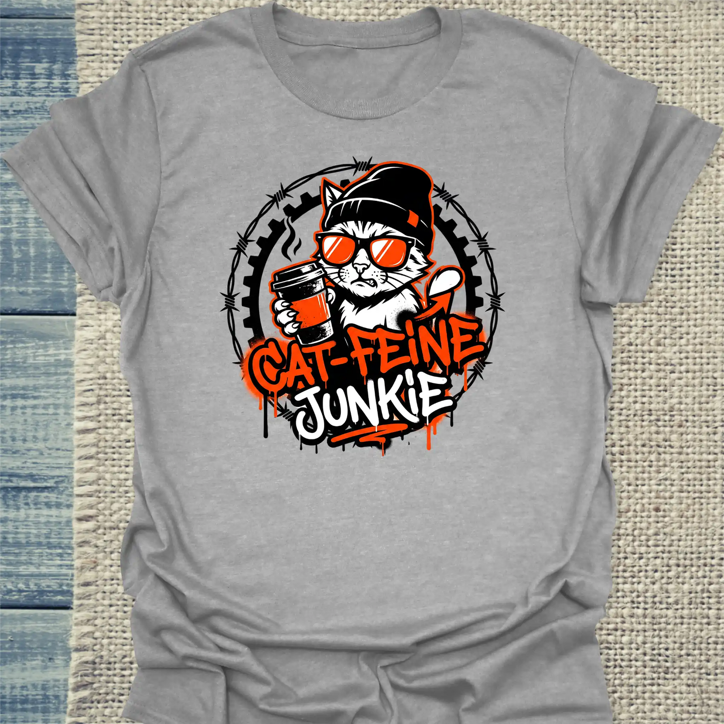 T-Shirt - Cat-feine Junkie - Unisex - Katze & Kaffee Grau