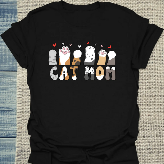 T-Shirt - Cat Mom - Herzchen und Pfoten - Unisex - Katze, Cat Lady Schwarz