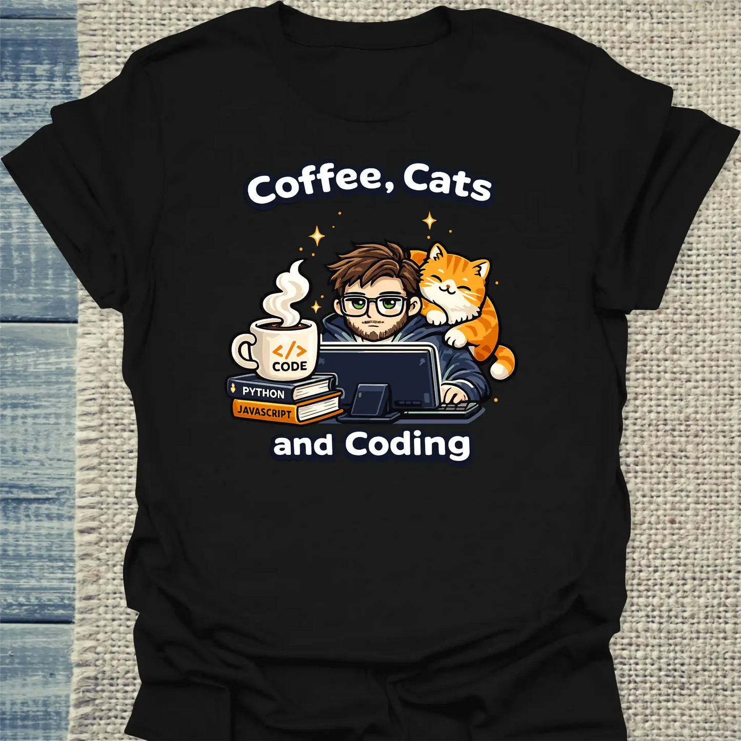 T-Shirt - Coffee, Cats and Coding - Unisex - Katze & Kaffee, Cat Guy Schwarz