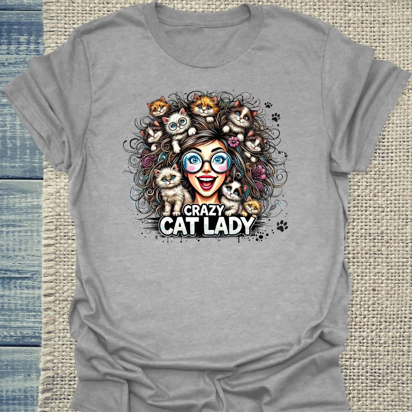 T-Shirt - Crazy Cat Laydy - bunt - Unisex - Kaffee, Cat Lady Grau