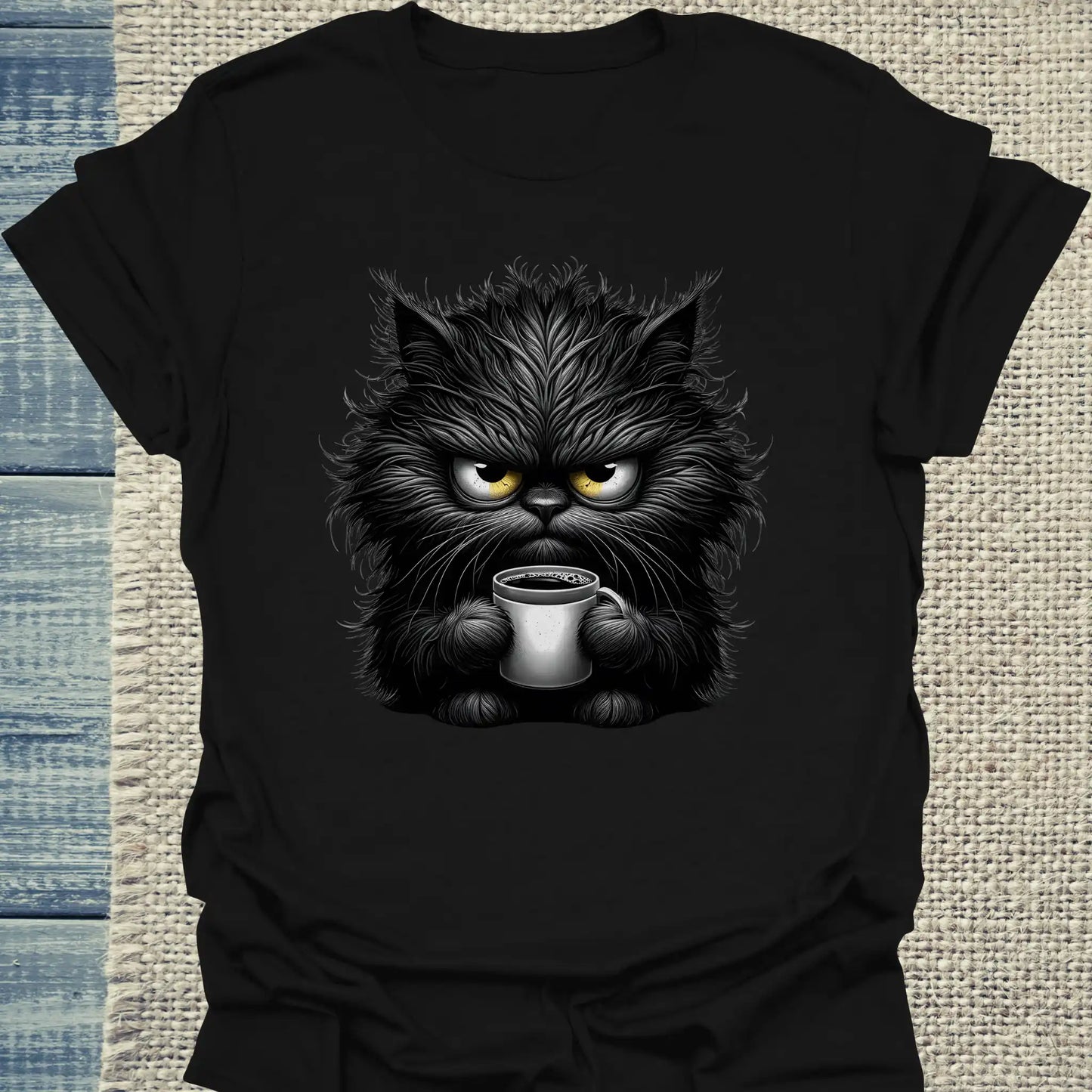 T-Shirt - Grantige Katze mit Kaffee - Unisex - Katze & Kaffee Schwarz