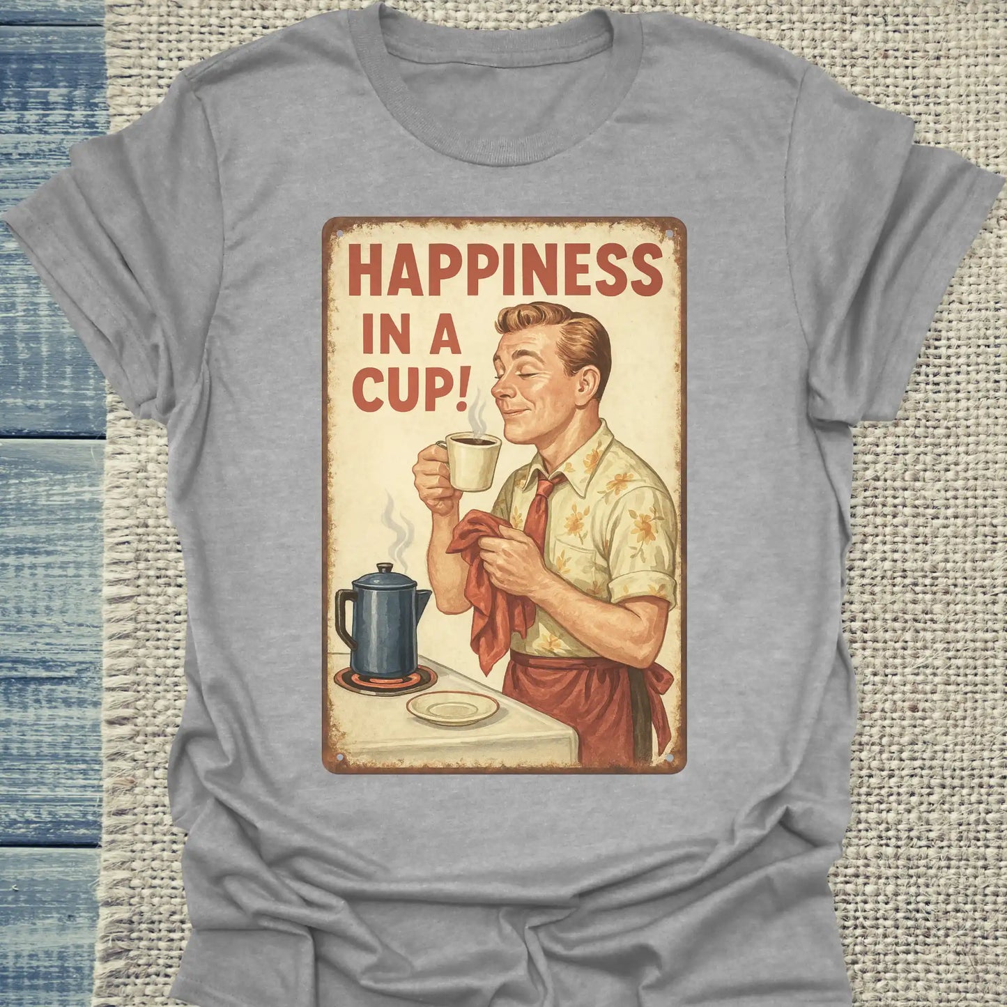 T-Shirt - Happiness in a Cup - Unisex - Kaffee, Retro Grau