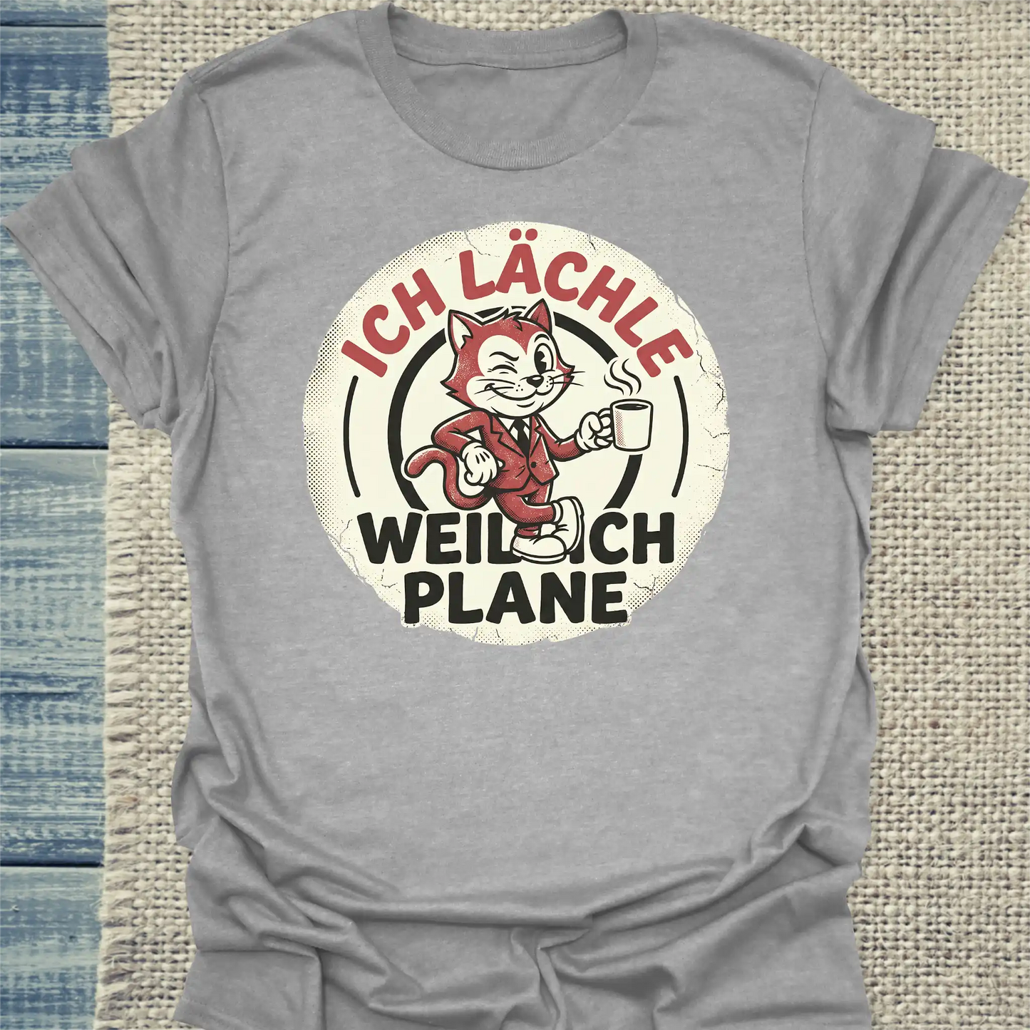 T-Shirt - Ich lächle, weil ich plane - Unisex - Katze & Kaffee, Cat Guy Grau