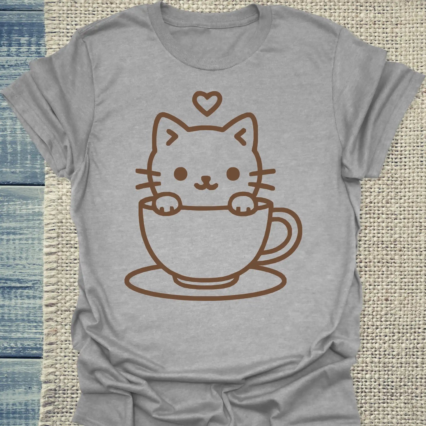 T-Shirt - Katze in Tasse - Unisex - Katze & Kaffee Grau