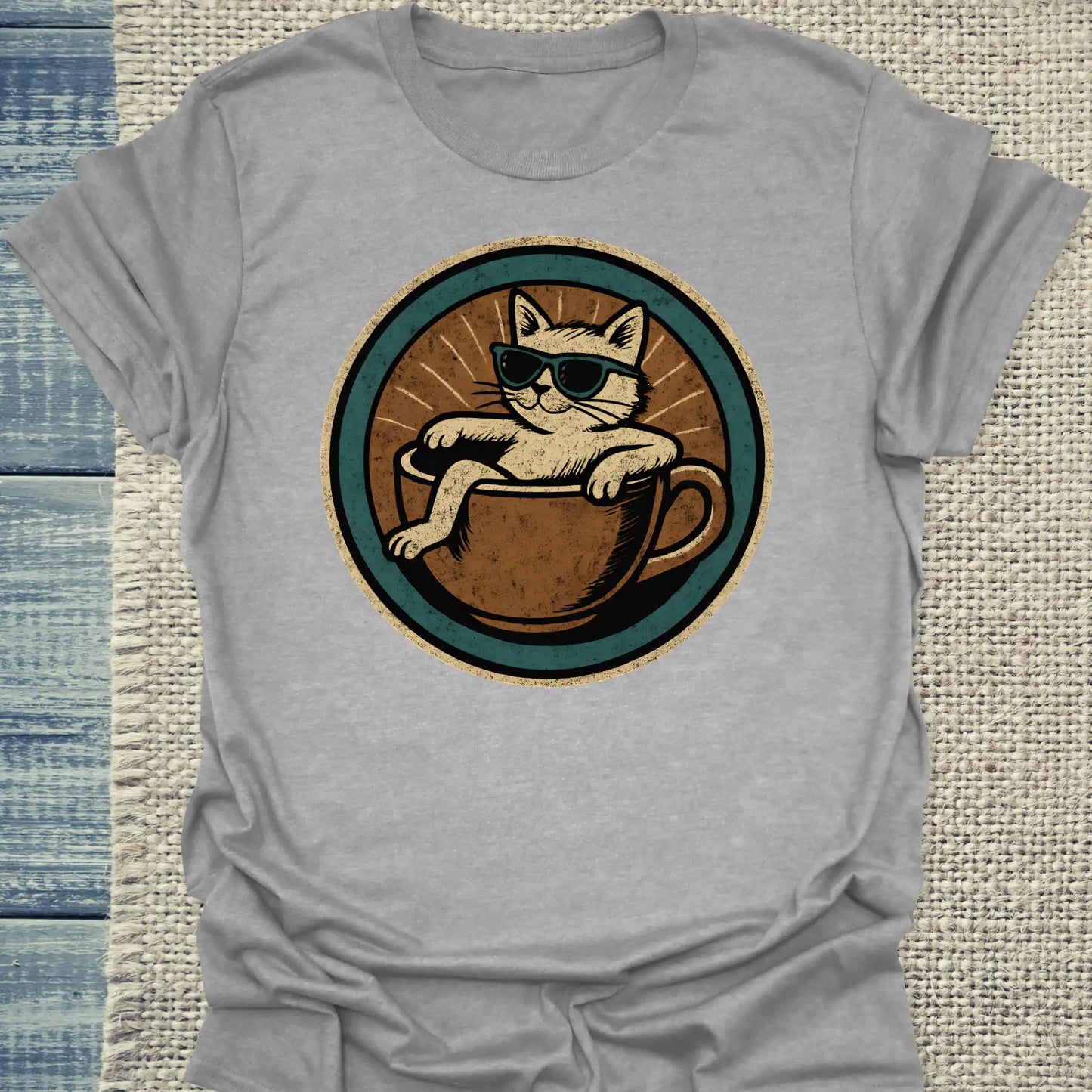 T-Shirt - Katze in Tasse - Rund - Unisex - Katze & Kaffee Grau