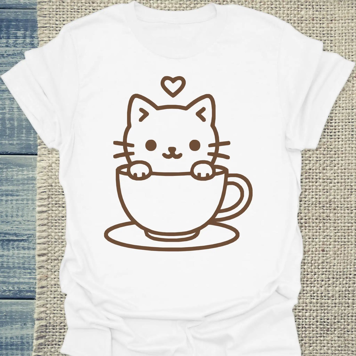 T-Shirt - Katze in Tasse - Unisex - Katze & Kaffee Weiß