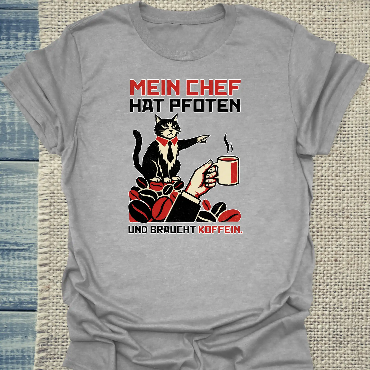 T-Shirt - Mein Chef - Unisex - Katze & Kaffee Grau