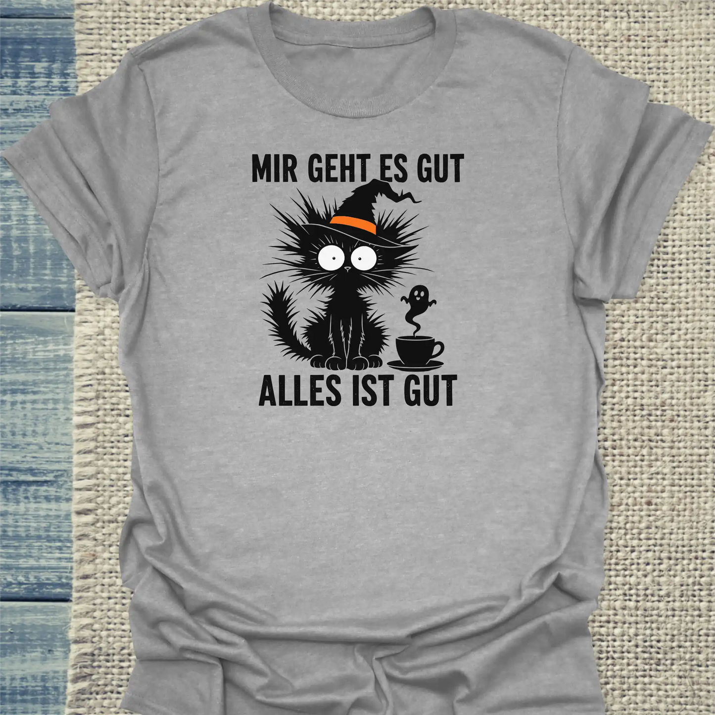 T-Shirt - Mir geht es gut Halloween - Unisex - Katze, Halloween Grau