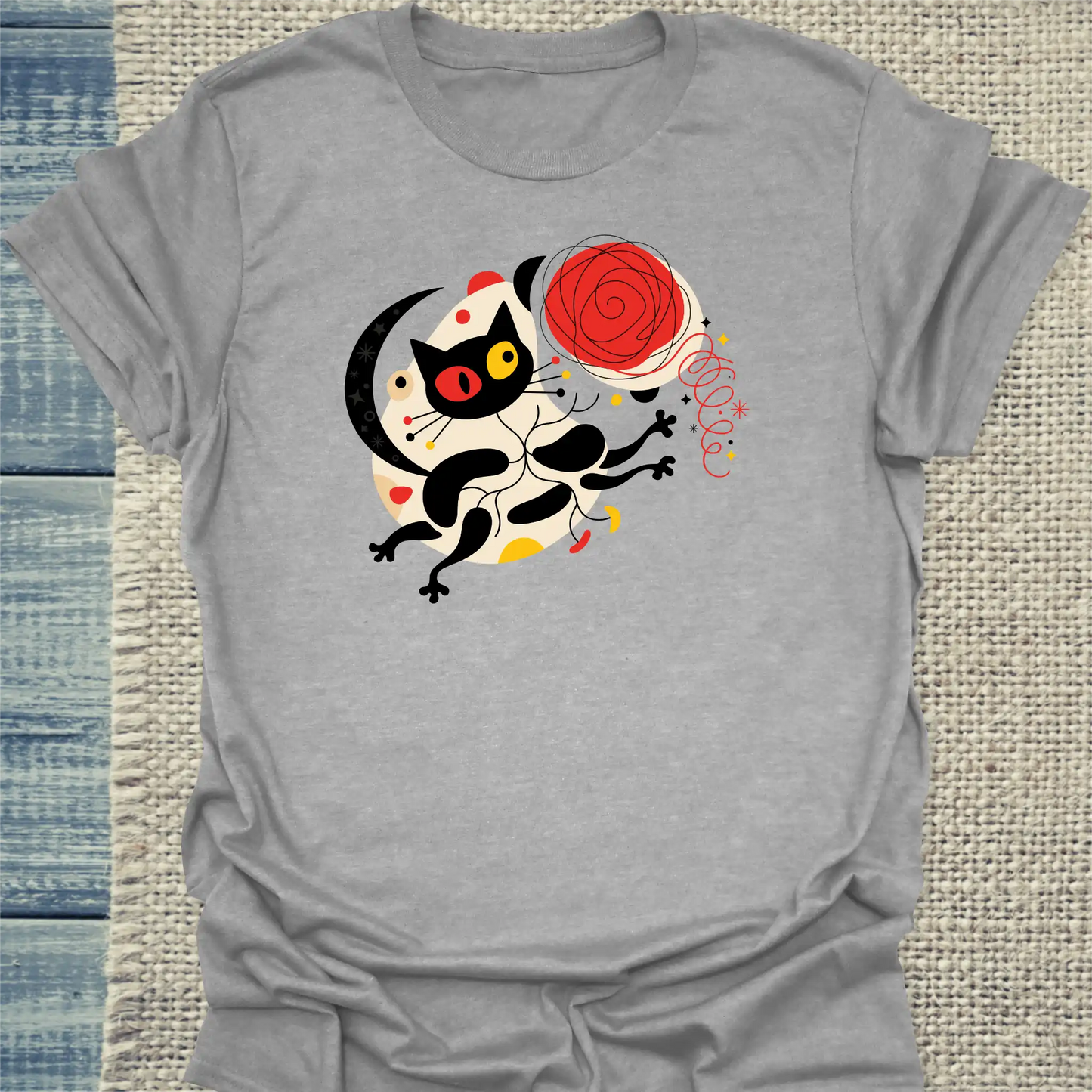 T-Shirt - Miro Chasing Yarn - Unisex - Katze & Kaffee, Kunst Grau