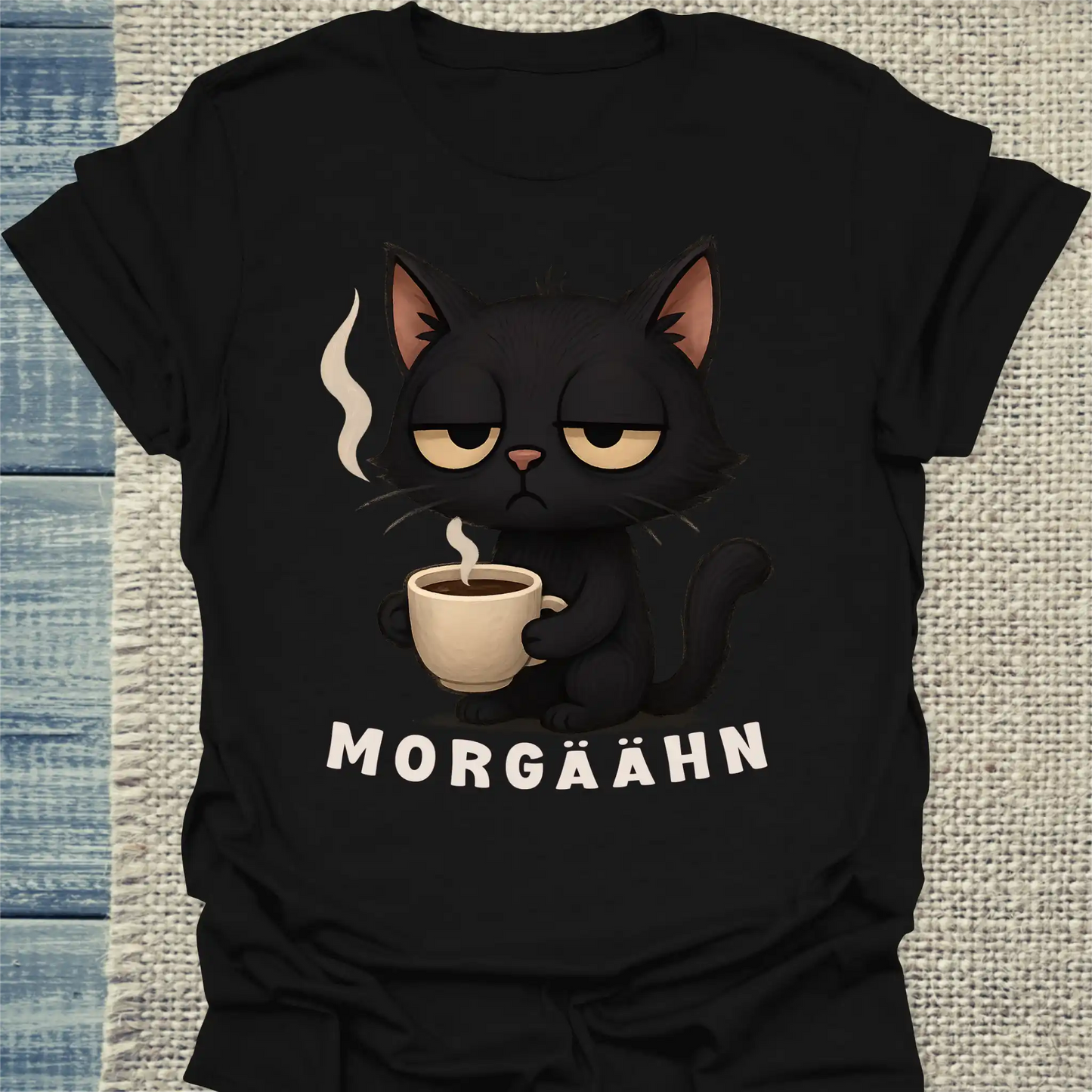 T-Shirt - Morgäähn - Unisex - Katze & Kaffee Schwarz